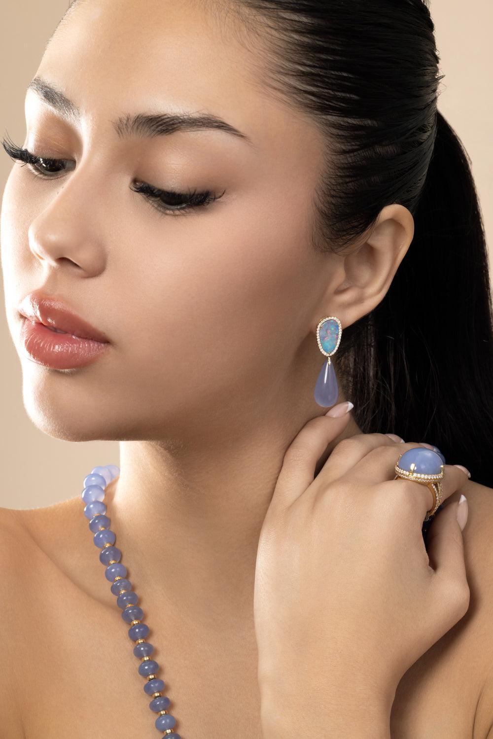 Australian Opal Blue Chalcedony G-One Drop Earrings-YELLOW GOLD-JEWELRYFINE JEWELEARRING-GOSHWARA
