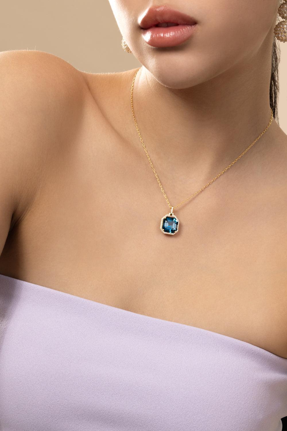 London Blue Topaz Asscher Gossip Pendant Necklace-YELLOW GOLD-16-JEWELRYFINE JEWELNECKLACE O-GOSHWARA