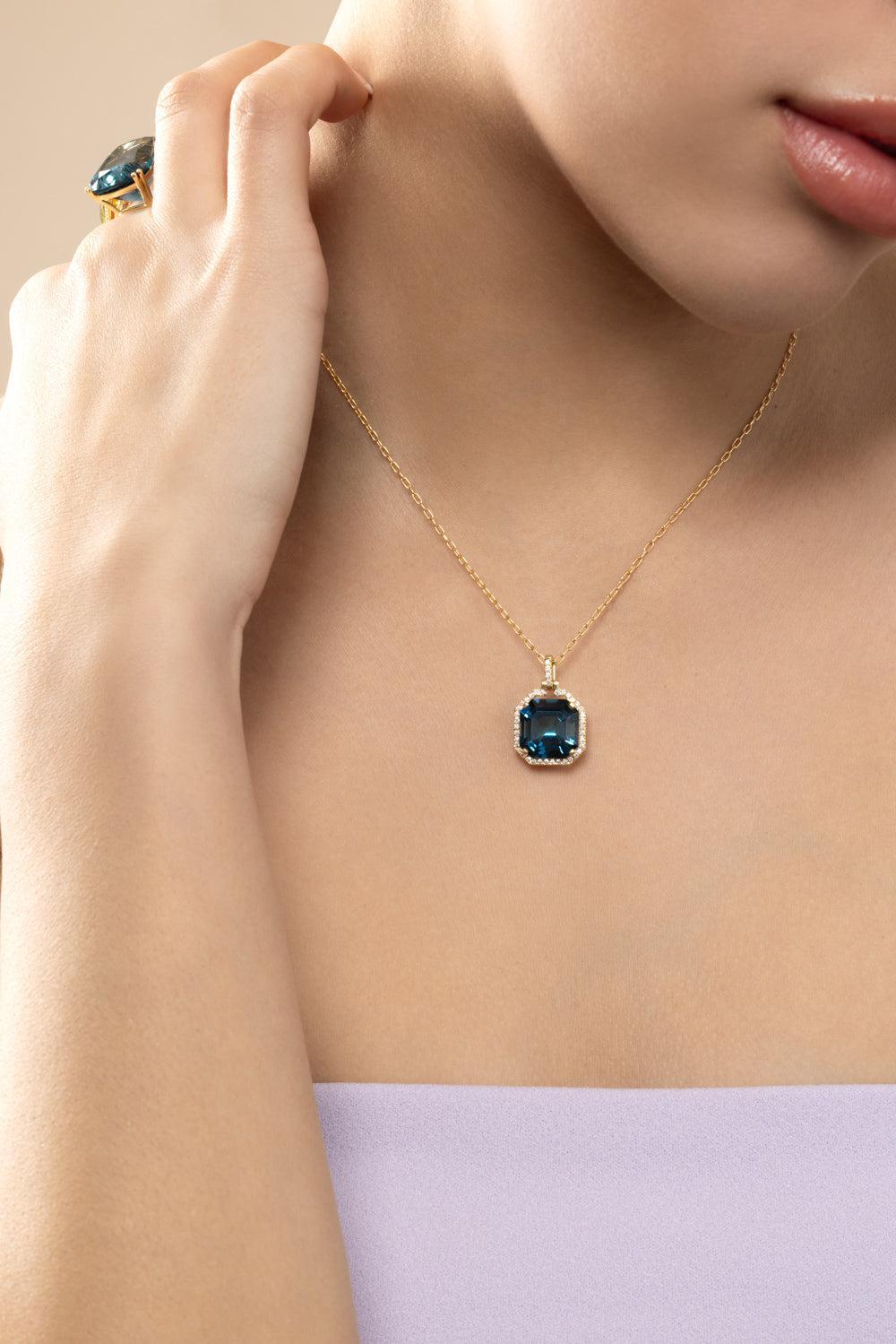 London Blue Topaz Asscher Gossip Pendant Necklace-YELLOW GOLD-16-JEWELRYFINE JEWELNECKLACE O-GOSHWARA