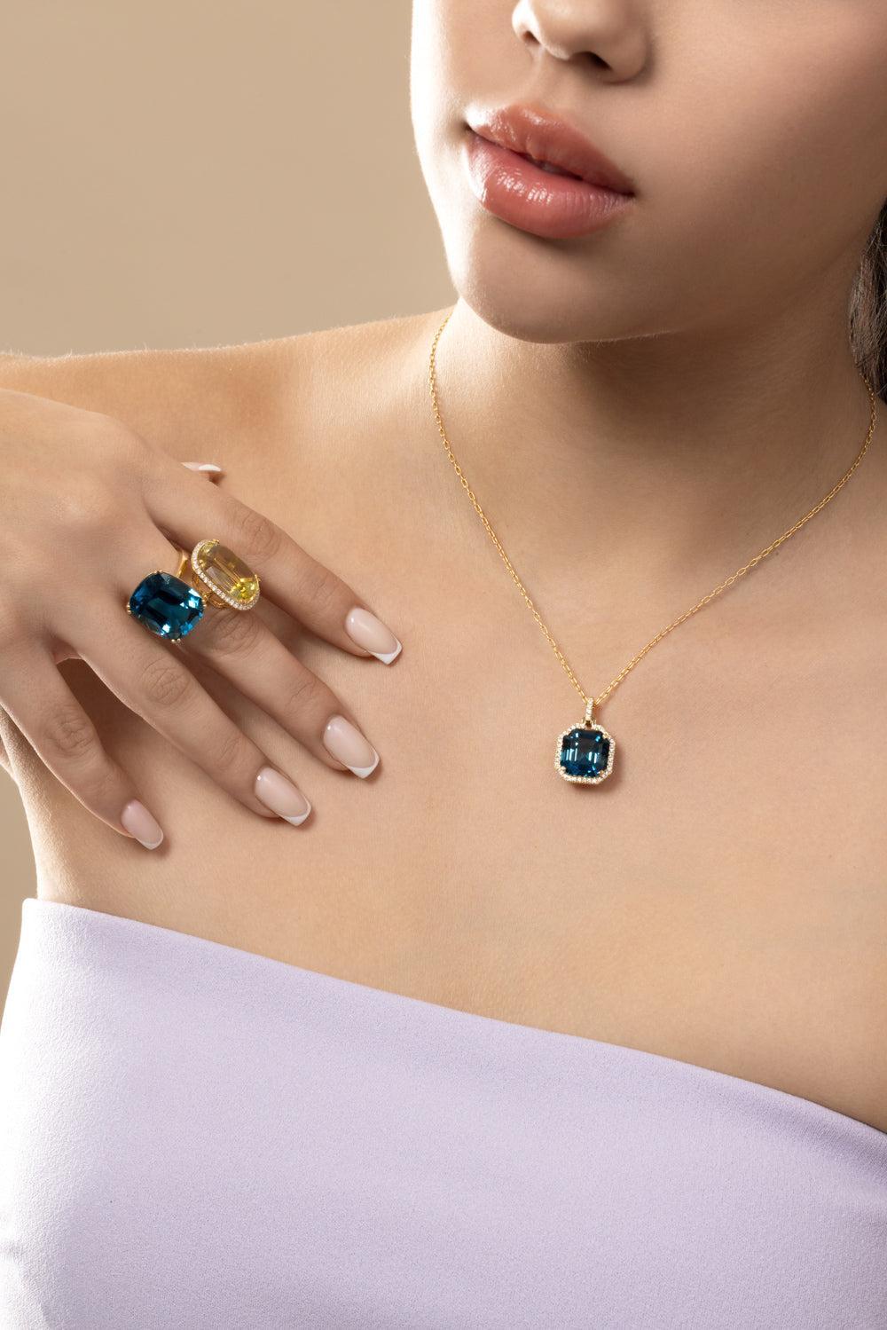 London Blue Topaz Asscher Gossip Pendant Necklace-YELLOW GOLD-16-JEWELRYFINE JEWELNECKLACE O-GOSHWARA