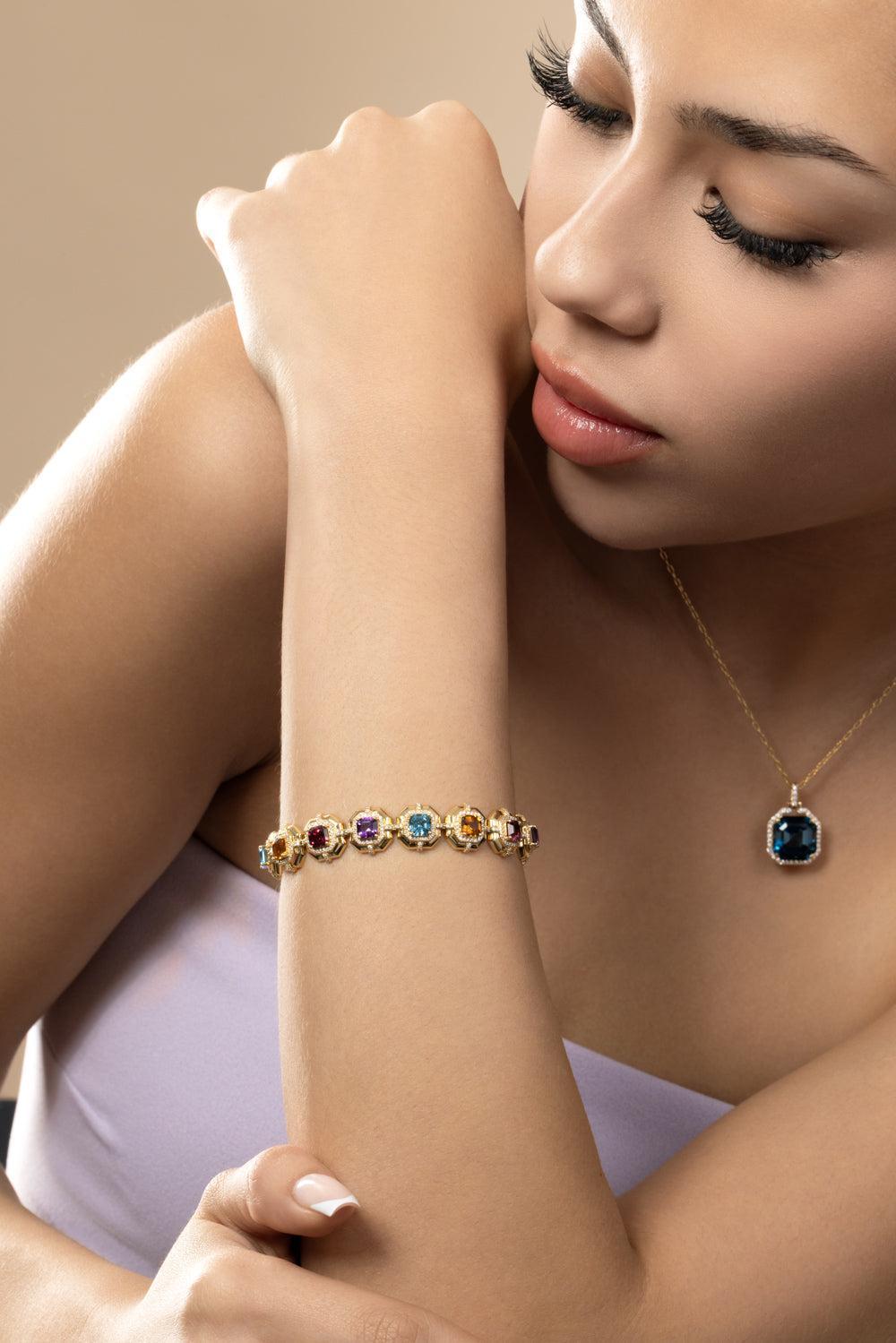 Citrine Garnet Asscher Medallion G-Classic Bracelet-YELLOW GOLD-7-JEWELRYFINE JEWELBRACELET O-GOSHWARA
