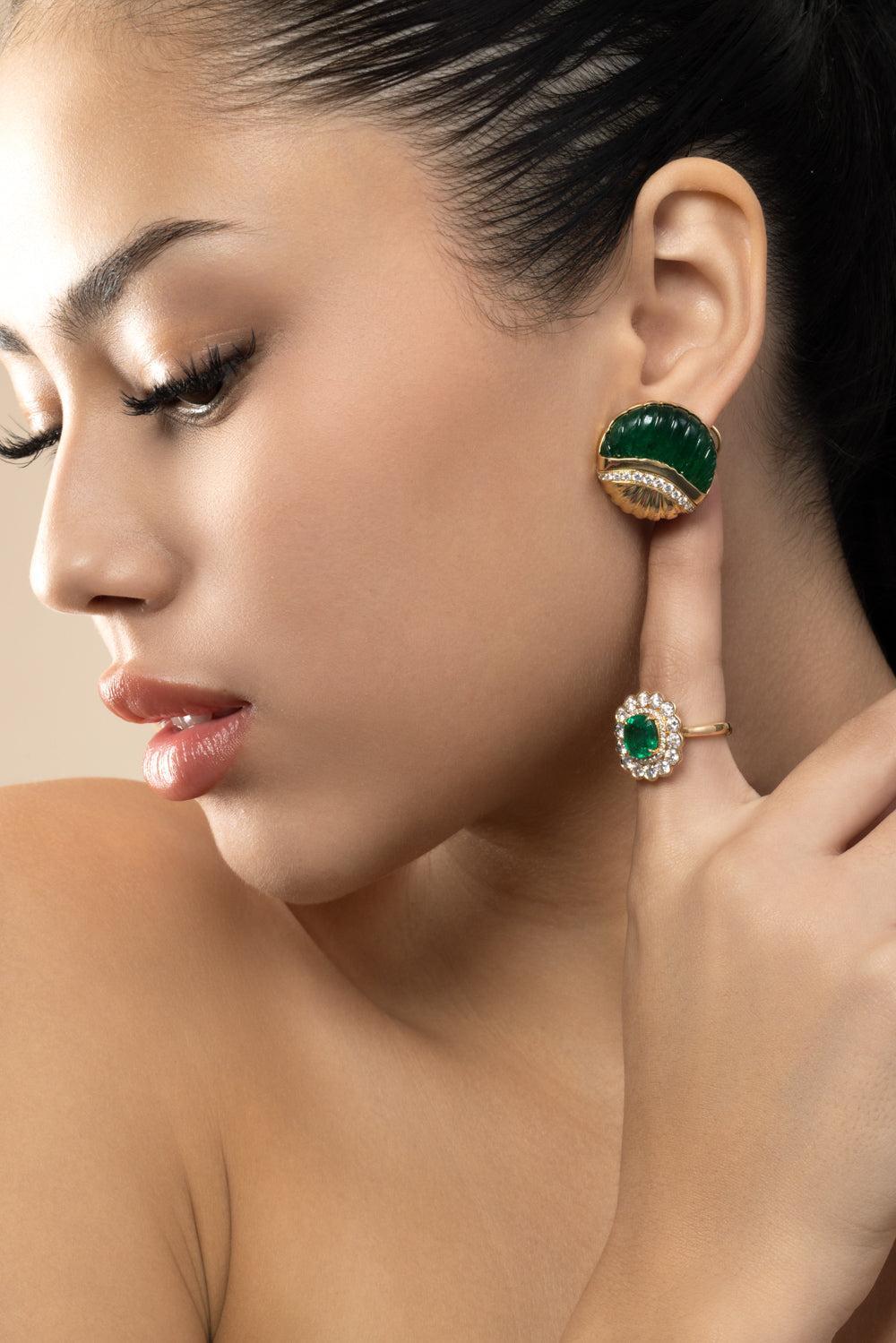 Emerald Diamond Melon Carved G-One Earrings-YELLOW GOLD-JEWELRYFINE JEWELEARRING-GOSHWARA