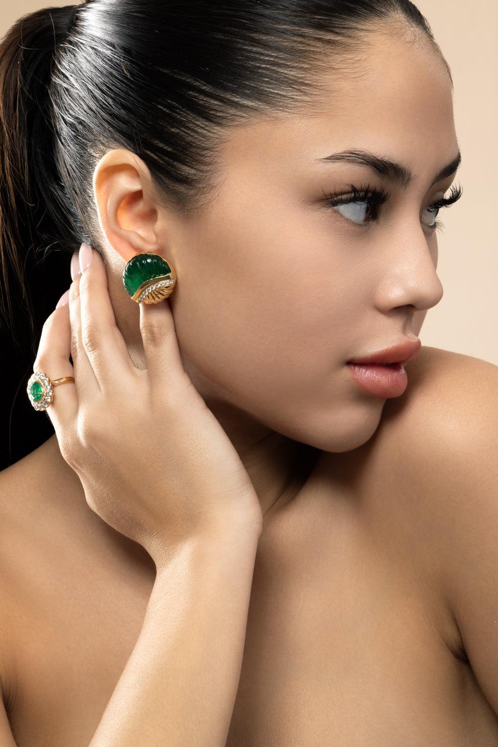 Emerald Diamond Melon Carved G-One Earrings-YELLOW GOLD-JEWELRYFINE JEWELEARRING-GOSHWARA