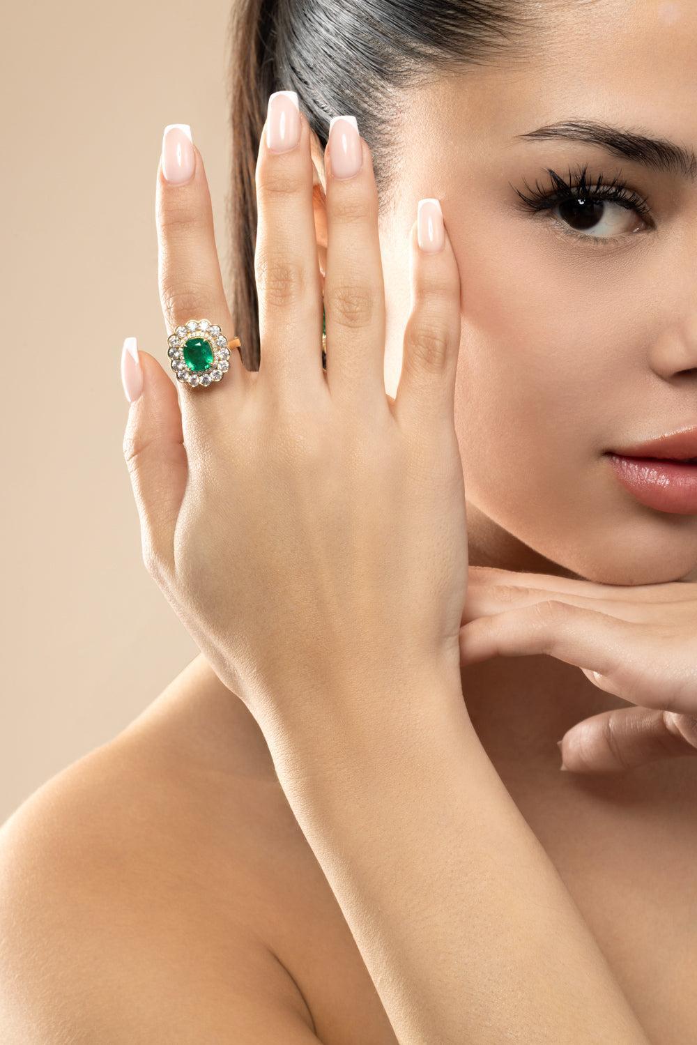 Emerald Diamond Cushion G-One Ring-YELLOW GOLD-6.25-JEWELRYFINE JEWELRING-GOSHWARA