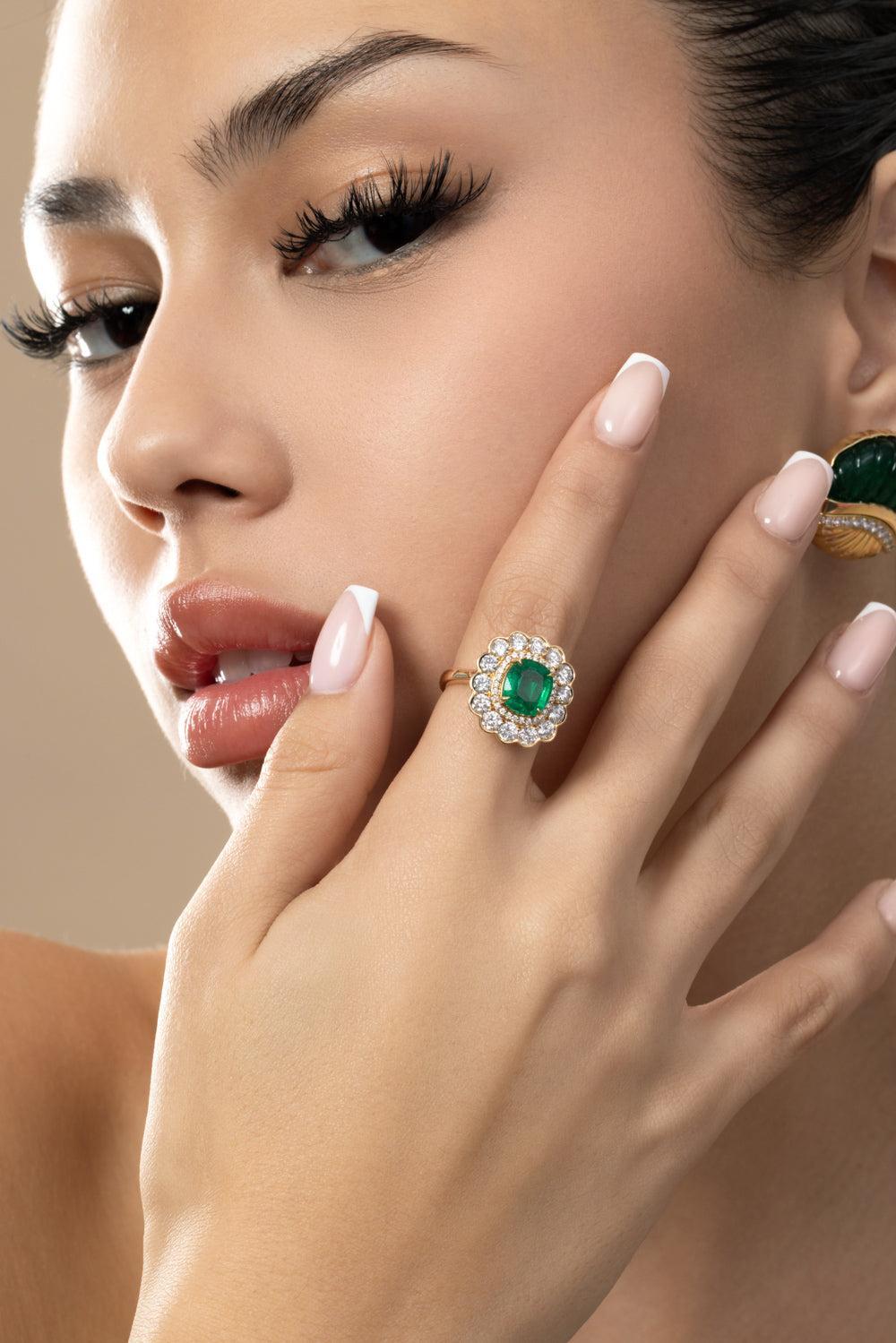 Emerald Diamond Cushion G-One Ring-YELLOW GOLD-6.25-JEWELRYFINE JEWELRING-GOSHWARA