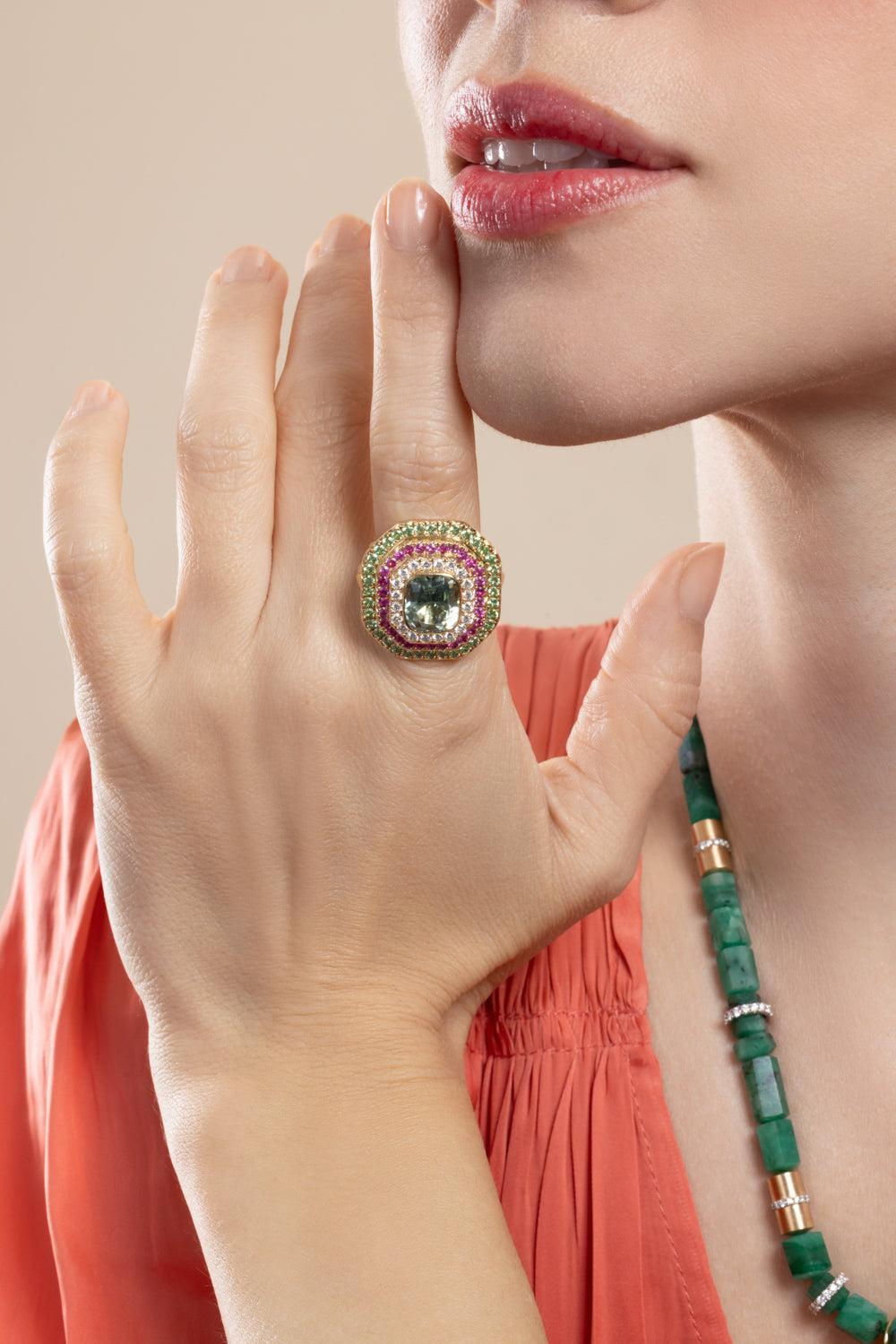 Mint Tourmaline Sapphire Cushion Gemstone Ring-YELLOW GOLD-7-JEWELRYFINE JEWELRING-EDINA KISS