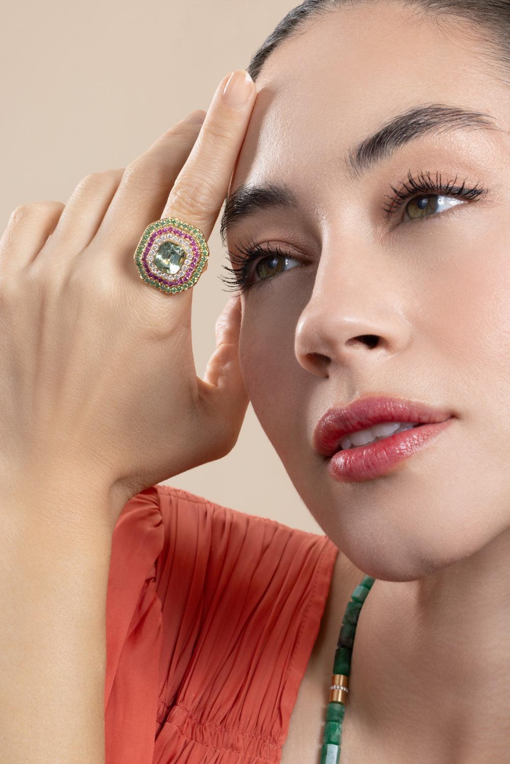 Mint Tourmaline Sapphire Cushion Gemstone Ring-YELLOW GOLD-7-JEWELRYFINE JEWELRING-EDINA KISS