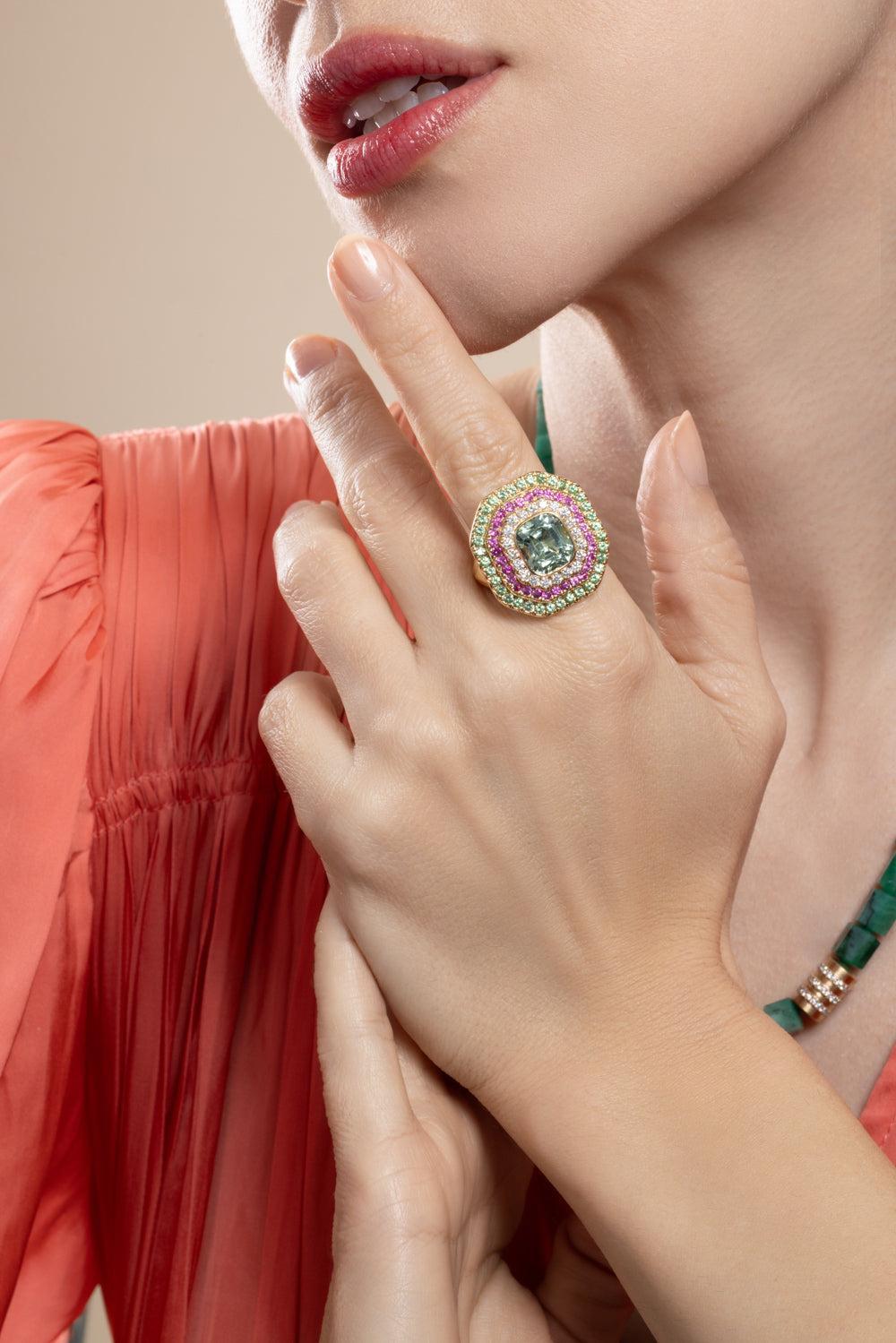 Mint Tourmaline Sapphire Cushion Gemstone Ring-YELLOW GOLD-7-JEWELRYFINE JEWELRING-EDINA KISS