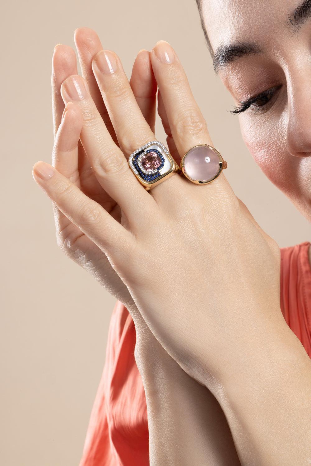 Pink Tourmaline Pearl Mid Century Ring-YELLOW GOLD-8-JEWELRYFINE JEWELRING-EDINA KISS