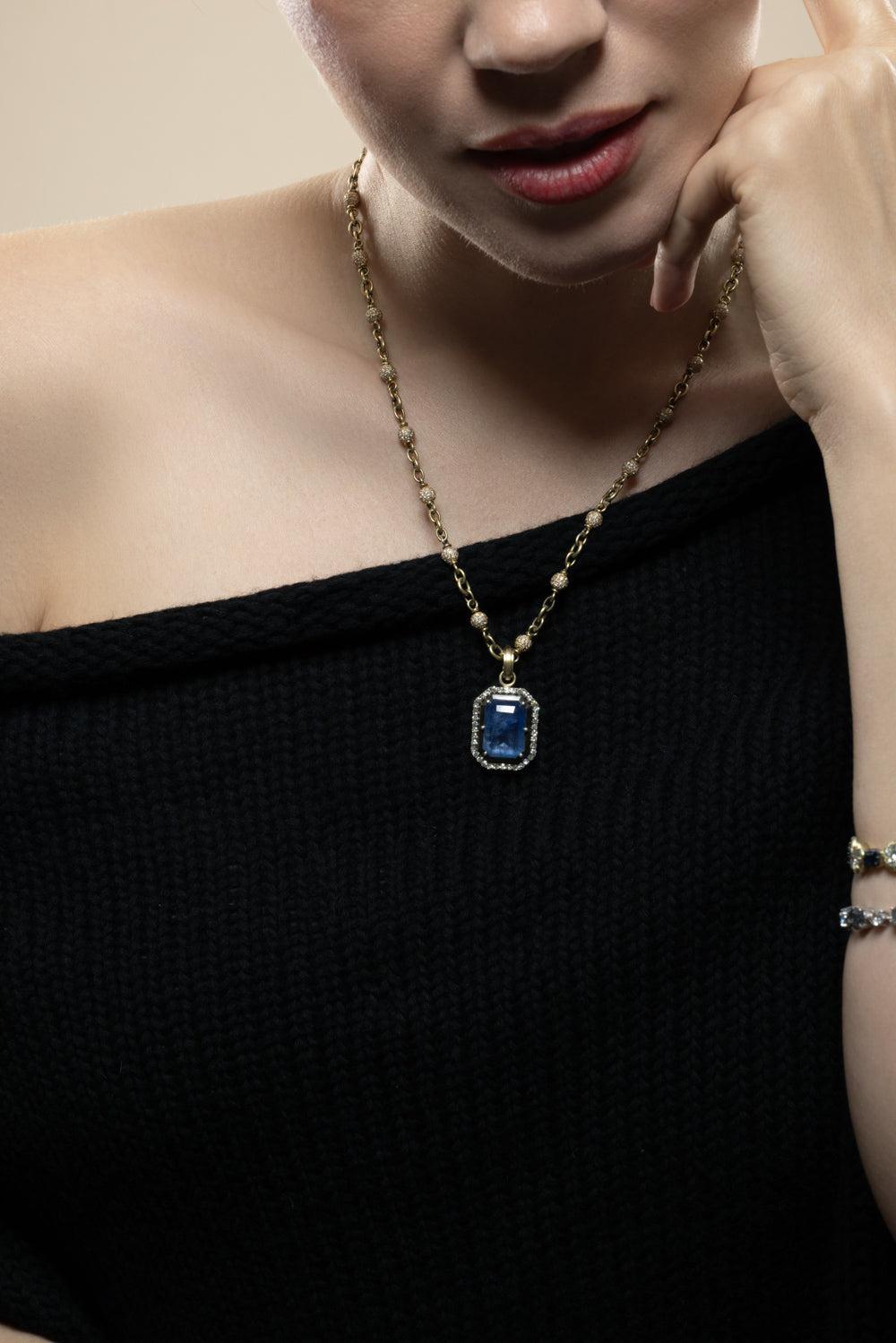 Sapphire Diamond Pendant-YELLOW GOLD-JEWELRYFINE JEWELPENDANT-SYLVA & CIE