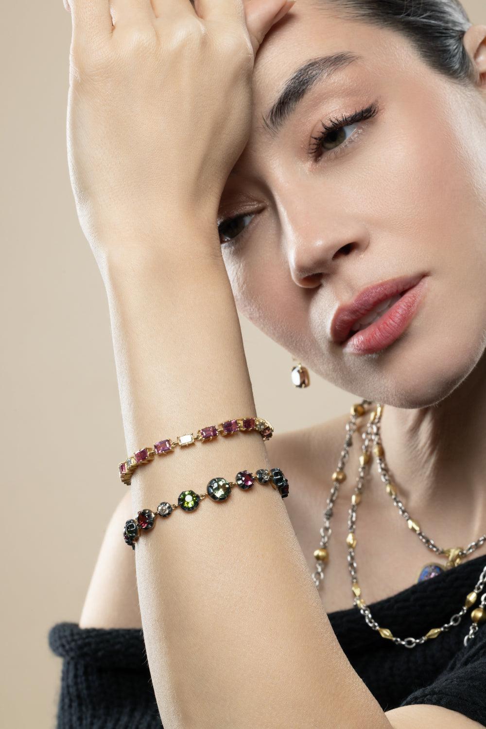 Tourmaline Diamond Old Euro Tennis Bracelet-YELLOW GOLD-7-JEWELRYFINE JEWELBRACELET O-SYLVA & CIE