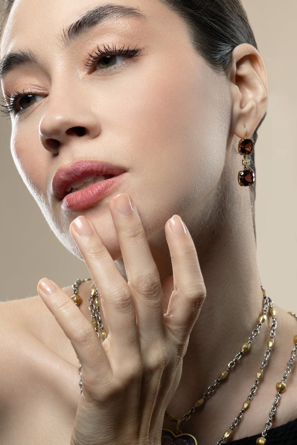 Pink Tourmaline Diamond Old Cut Drop Earrings-YLW GOLD-JEWELRYFINE JEWELEARRING-SYLVA & CIE