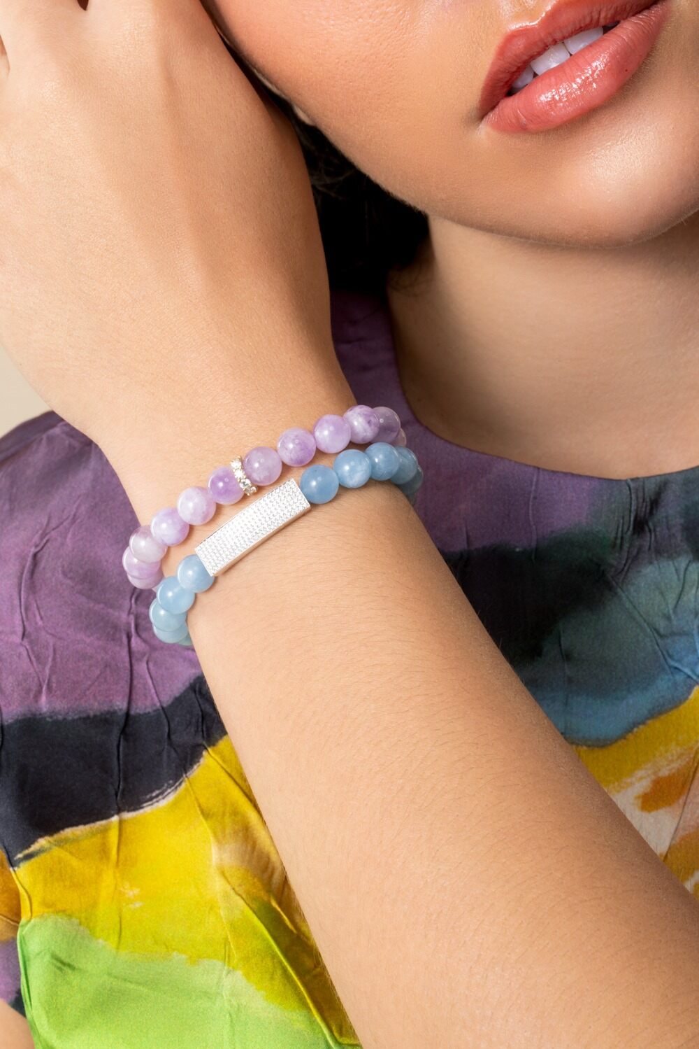 Aquamarine Diamond Pave Small ID Bar Beaded Bracelet-WHITE GOLD-JEWELRYFINE JEWELBRACELET O-SYDNEY EVAN