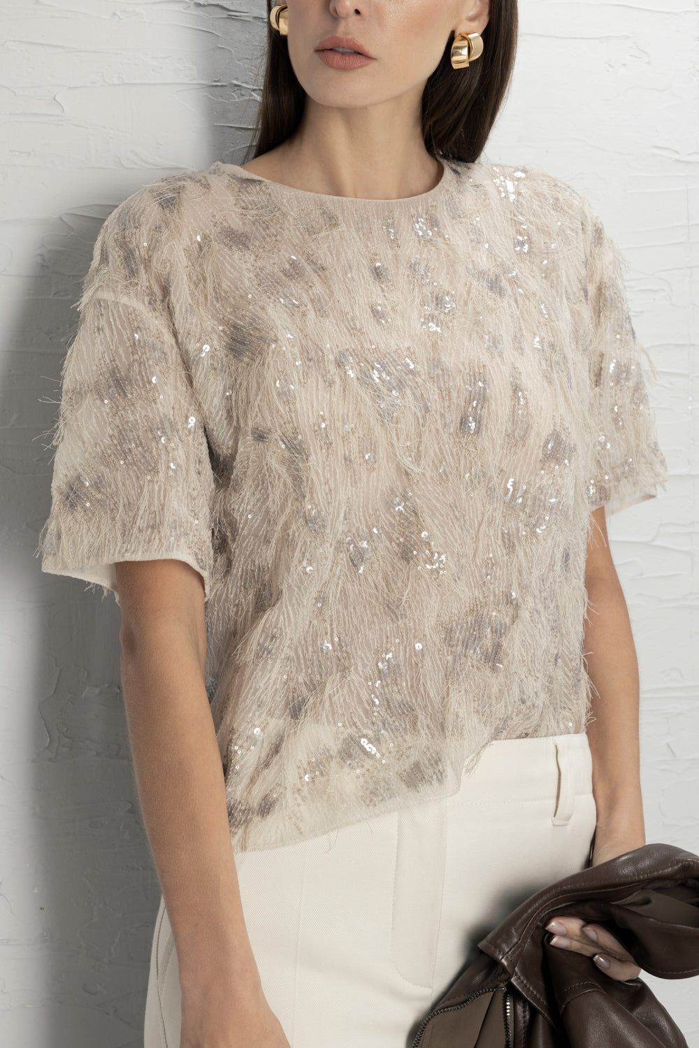 Animalier Sequin Short Sleeve Blouse