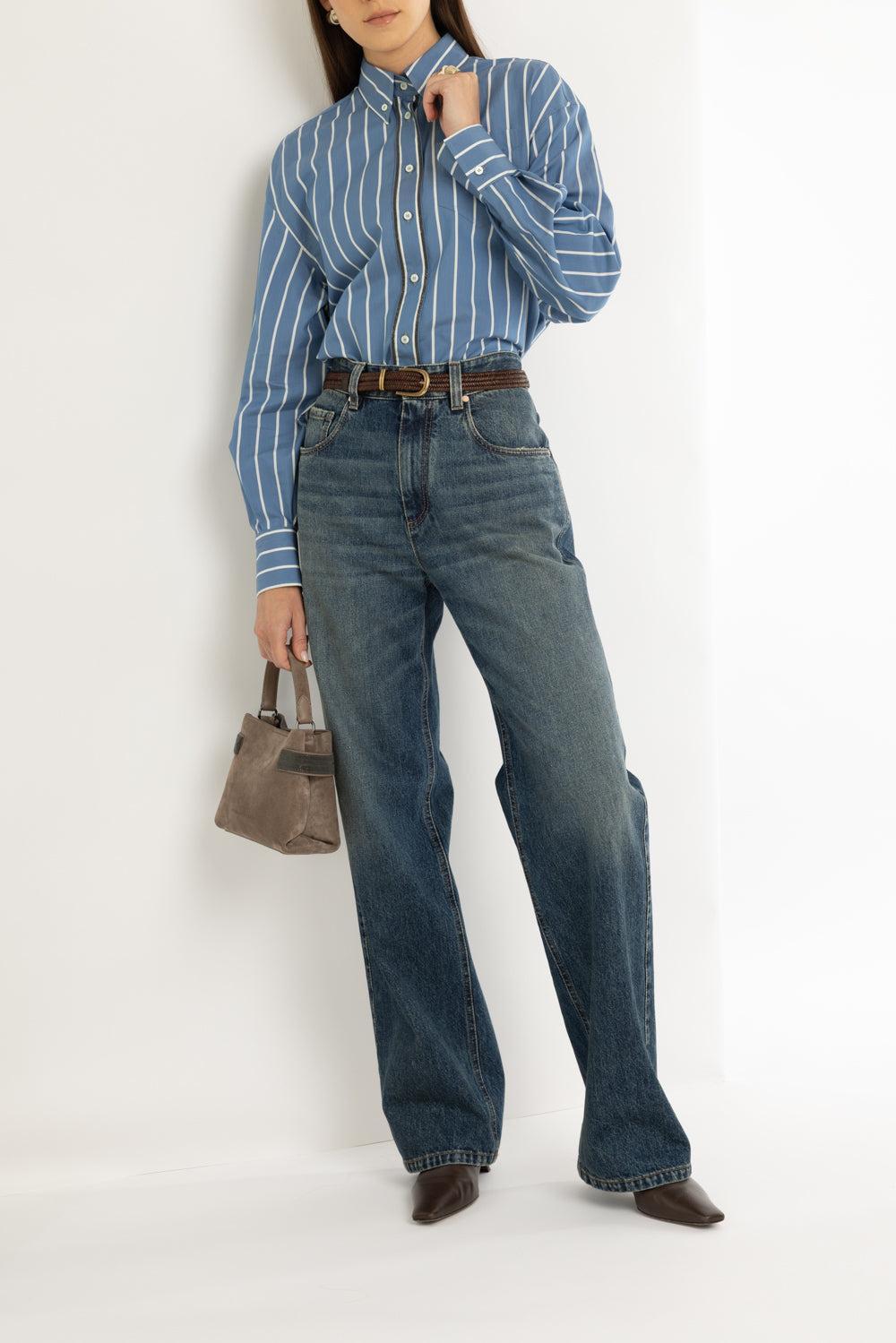 Double Monili Trim Wide Stripe Blouse - Blue Panama-BLU/PANA-XS-CLOTHINGTOPBLOUSE-BRUNELLO CUCINELLI