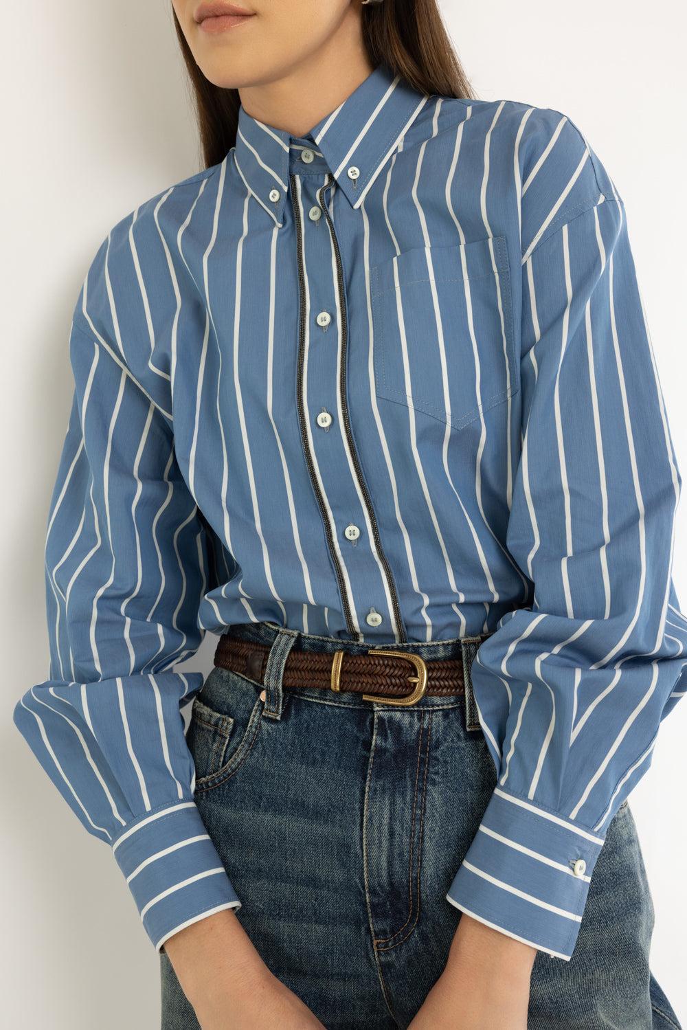 Double Monili Trim Wide Stripe Blouse - Blue Panama-BLU/PANA-XS-CLOTHINGTOPBLOUSE-BRUNELLO CUCINELLI