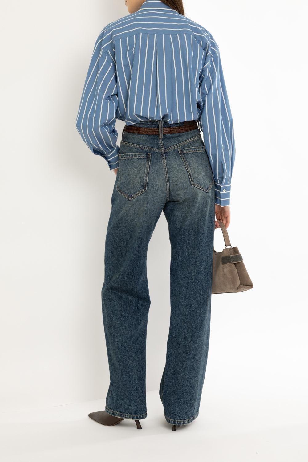 Double Monili Trim Wide Stripe Blouse - Blue Panama-BLU/PANA-XS-CLOTHINGTOPBLOUSE-BRUNELLO CUCINELLI