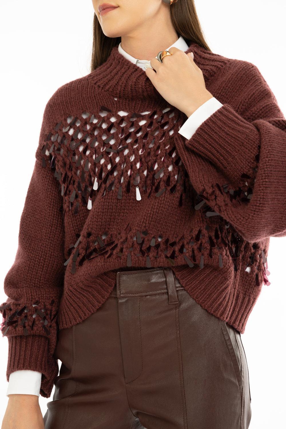Net Stitch Embroidered Sweater-RED WINE-XS-CLOTHINGTOPSWEATER-BRUNELLO CUCINELLI