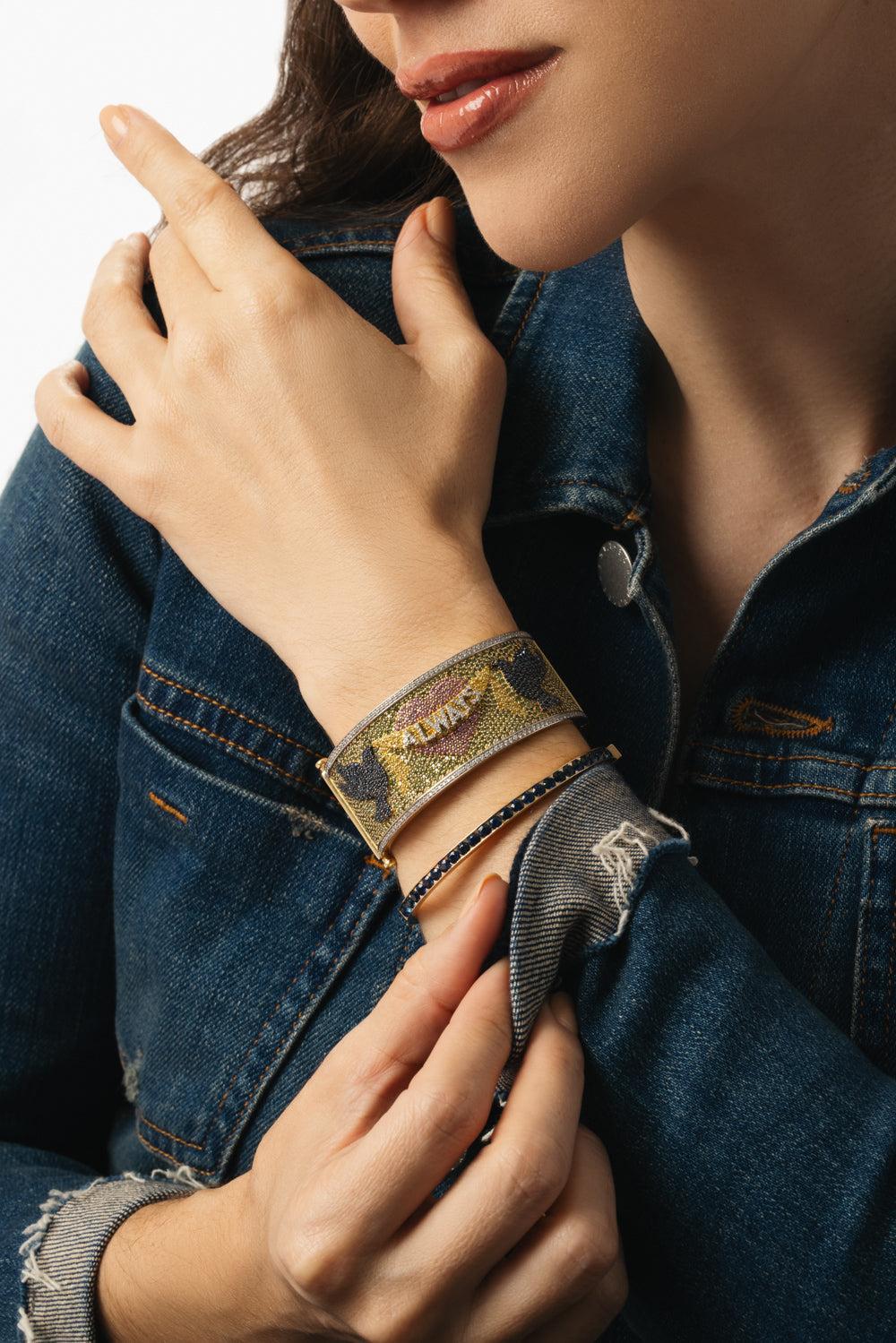 Blue Sapphire Keeper Bangle Bracelet-YELLOW GOLD-17-JEWELRYFINE JEWELBRACELET O-GRACE WINFREY