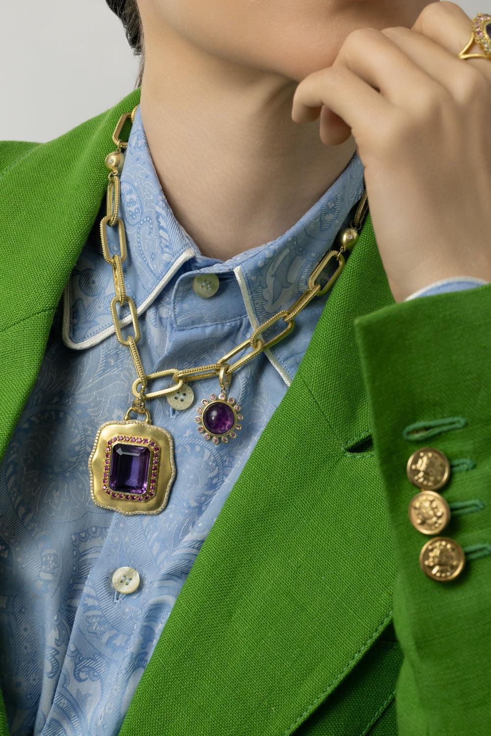 Medium Modern Etruscan Amethyst Sapphire Sunburst Pendant-YELLOW GOLD-JEWELRYFINE JEWELPENDANT-TANYA FARAH