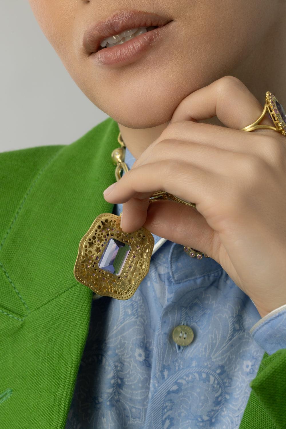 XL Modern Etruscan Scroll Amethyst Diamond Pendant-YELLOW GOLD-XL-JEWELRYFINE JEWELPENDANT-TANYA FARAH