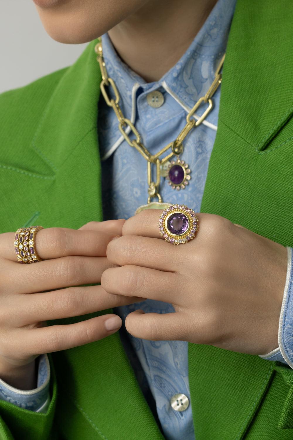 Modern Etruscan Double Sunburst Amethyst Ring-YELLOW GOLD-6-JEWELRYFINE JEWELRING-TANYA FARAH