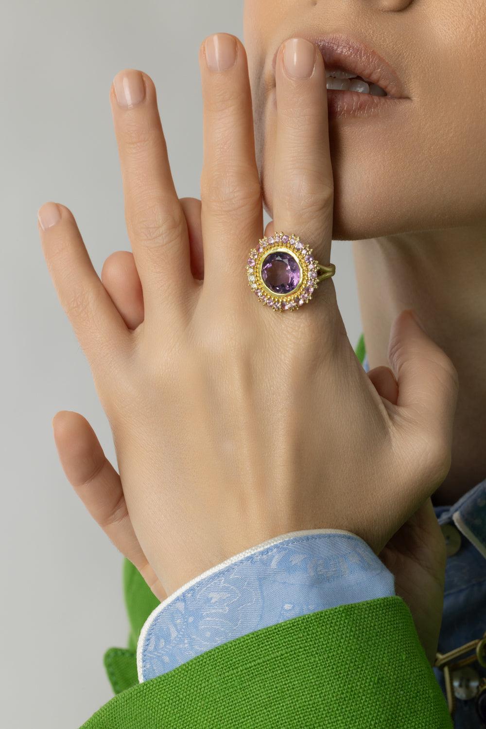 Modern Etruscan Double Sunburst Amethyst Ring-YELLOW GOLD-6-JEWELRYFINE JEWELRING-TANYA FARAH