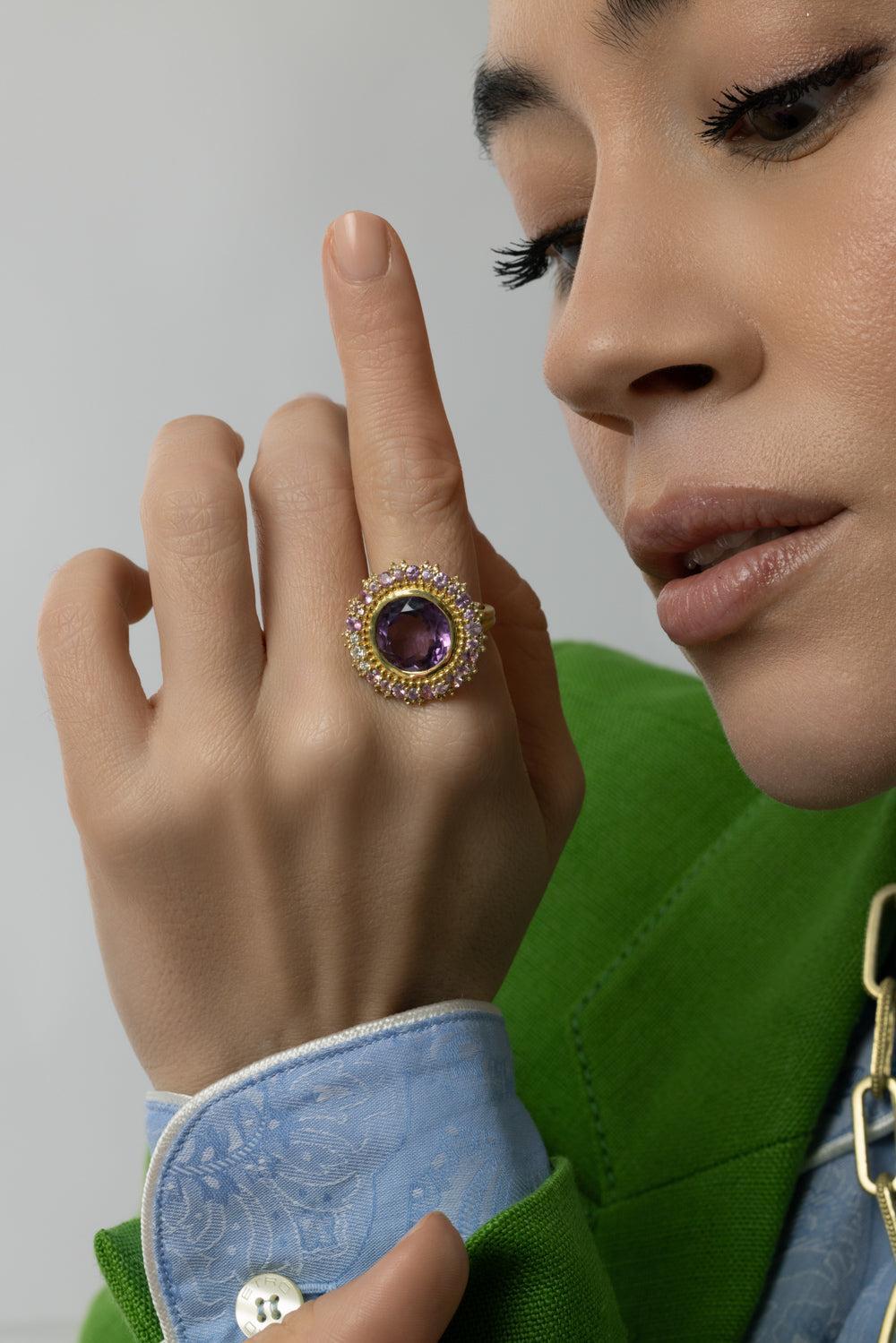 Modern Etruscan Double Sunburst Amethyst Ring-YELLOW GOLD-6-JEWELRYFINE JEWELRING-TANYA FARAH