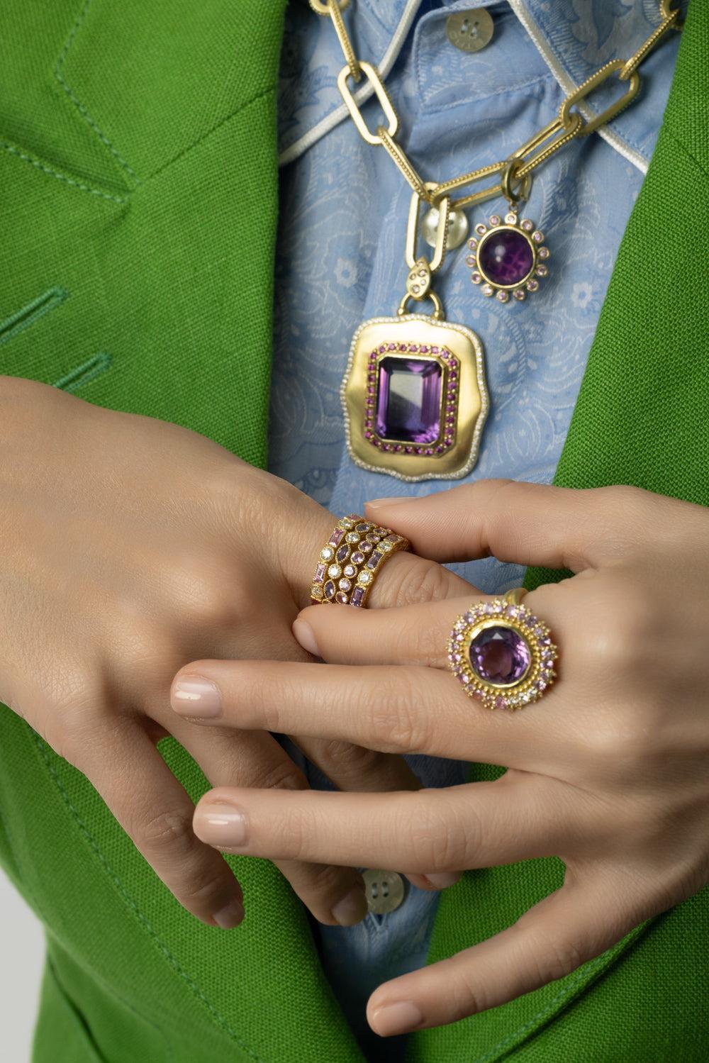 Modern Etruscan Double Sunburst Amethyst Ring-YELLOW GOLD-6-JEWELRYFINE JEWELRING-TANYA FARAH