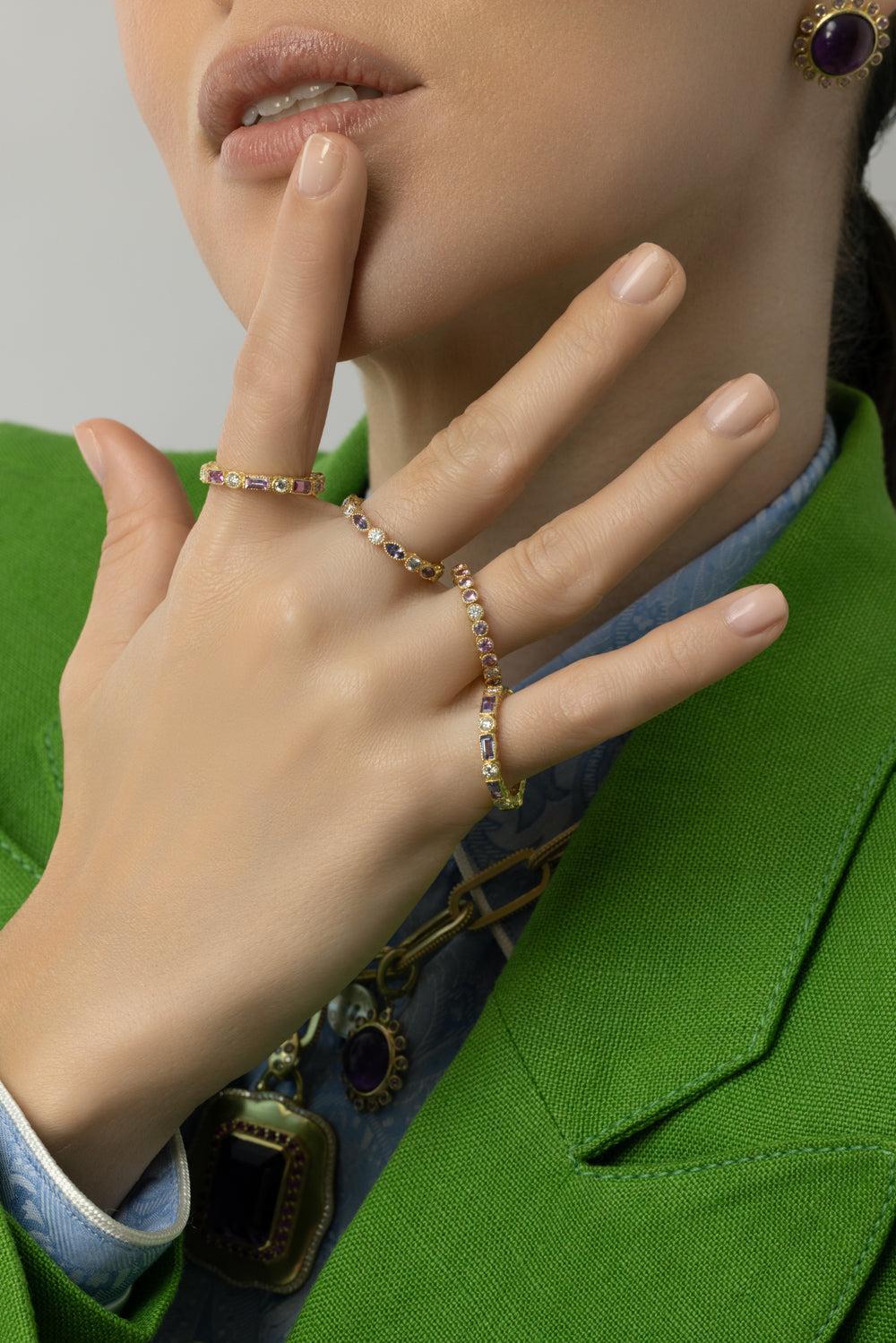 Modern Etruscan Purple Sapphire Diamond Eternity Bezel Stack Ring-YELLOW GOLD-7-JEWELRYFINE JEWELRING-TANYA FARAH