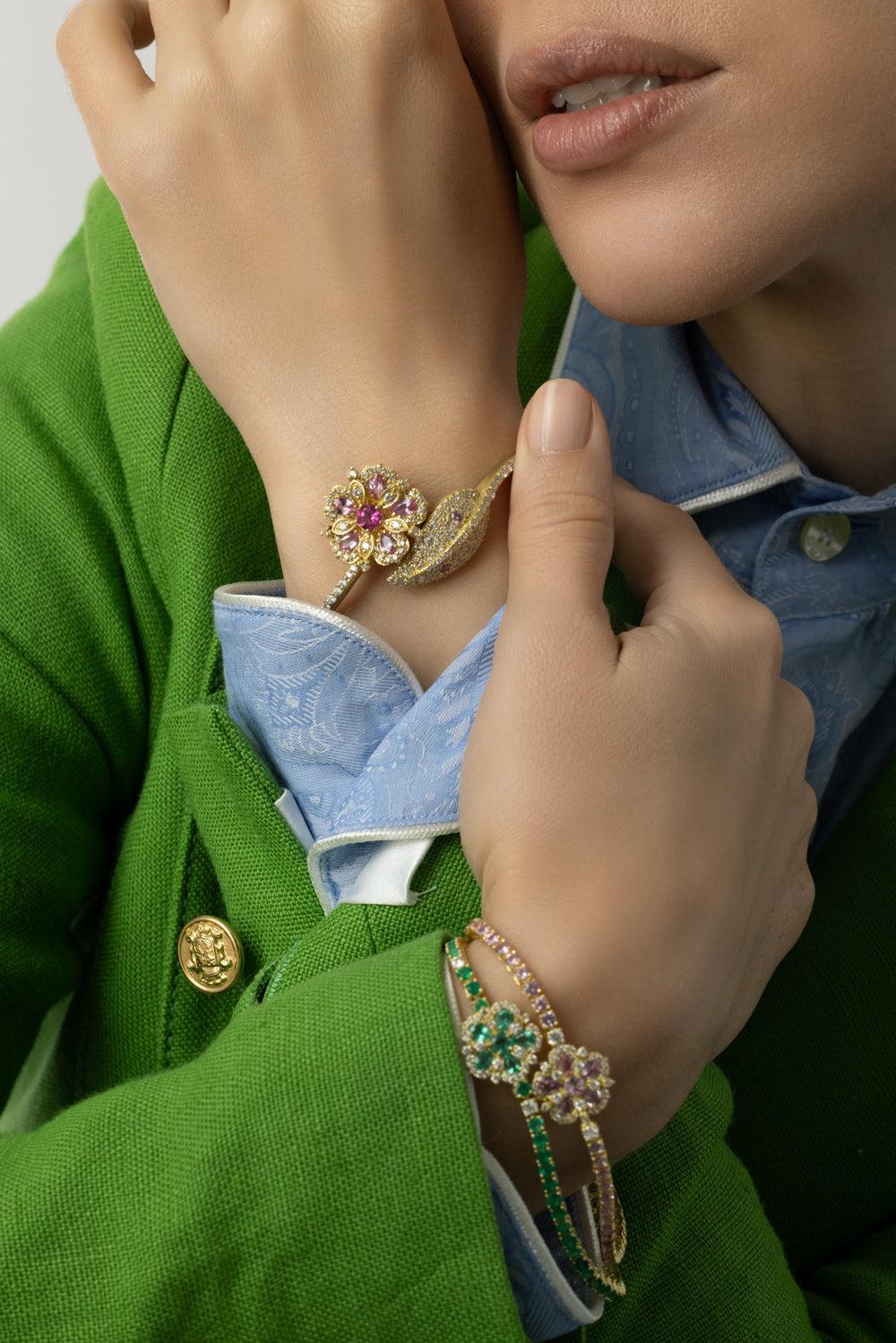 Jasmine Bloom Pink Sapphire Flower Diamond Leaf Wrap Bangle Bracelet-YELLOW GOLD-JEWELRYFINE JEWELBRACELET O-TANYA FARAH