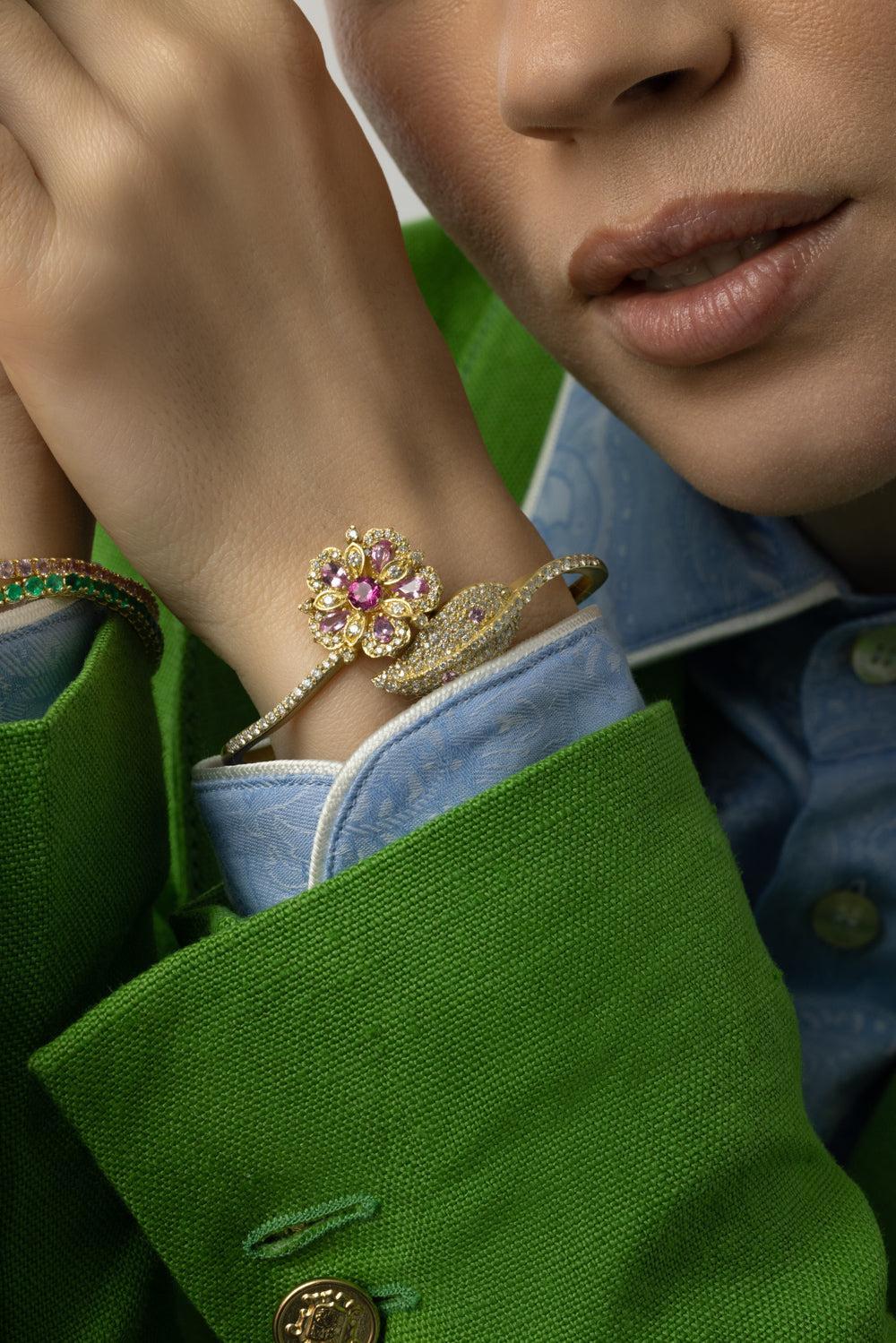 Jasmine Bloom Pink Sapphire Flower Diamond Leaf Wrap Bangle Bracelet-YELLOW GOLD-JEWELRYFINE JEWELBRACELET O-TANYA FARAH