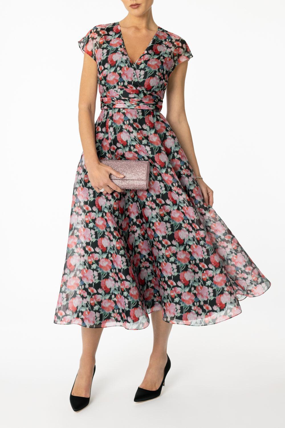 Cap Sleeve Midi Dress-PNK MULT-4-CLOTHINGDRESSCASUAL-CAROLINA HERRERA