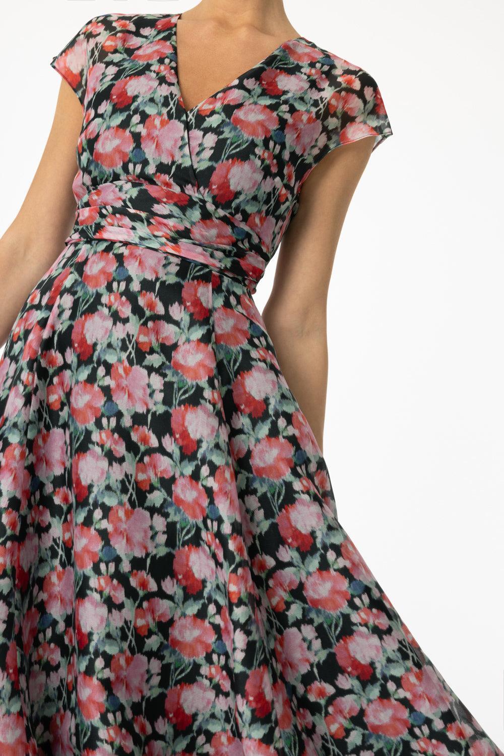 Cap Sleeve Midi Dress-PNK MULT-4-CLOTHINGDRESSCASUAL-CAROLINA HERRERA