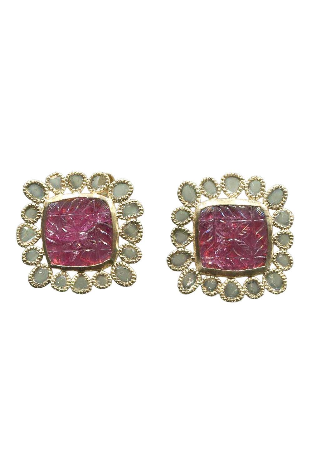 Diamond Rubillte Carved Stud Earrings-YELLOW GOLD-JEWELRYFINE JEWELEARRING-COOMI