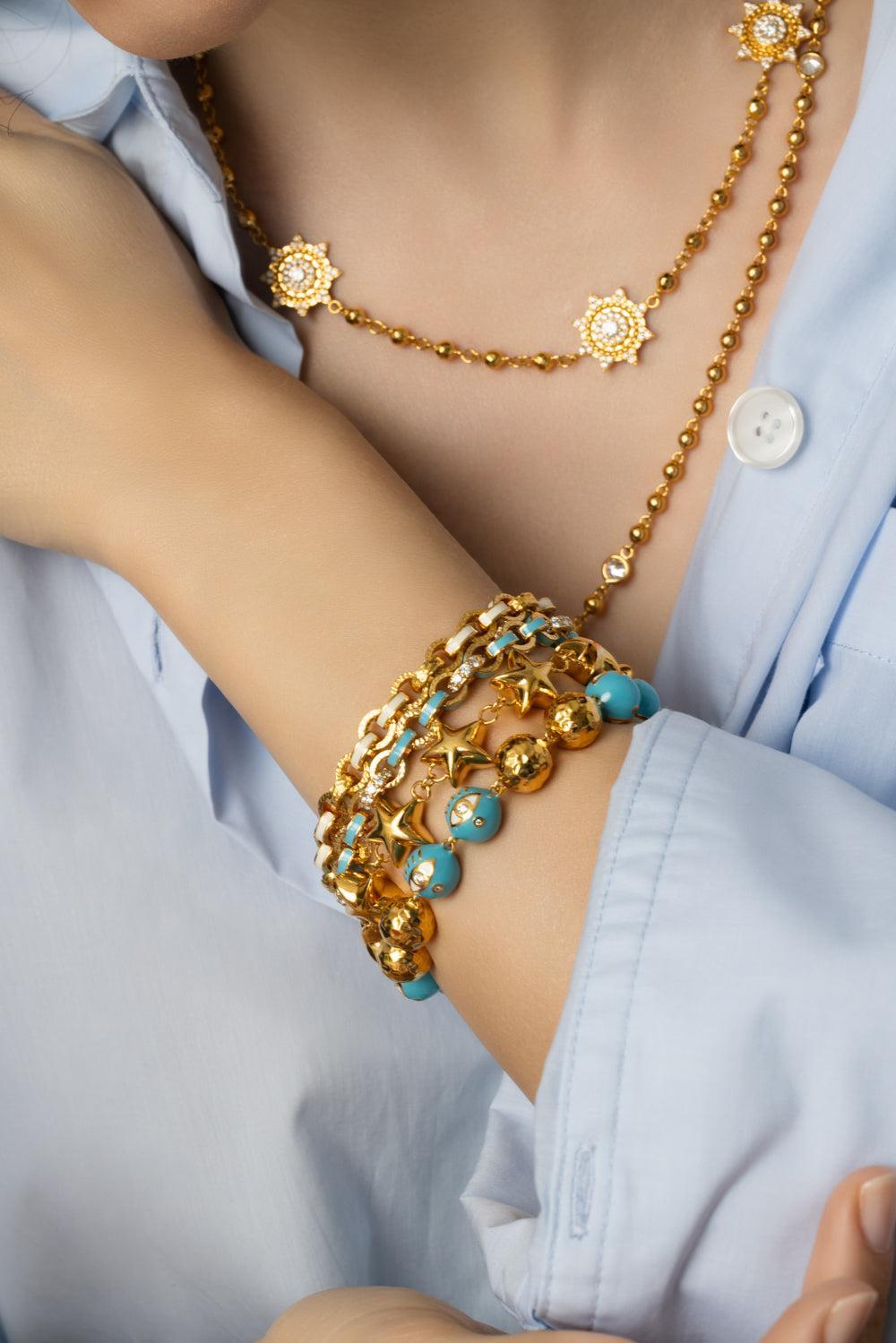 Diamond Sky Blue Evil Eye Bracelet-YELLOW GOLD-JEWELRYFINE JEWELBRACELET O-BUDDHA MAMA