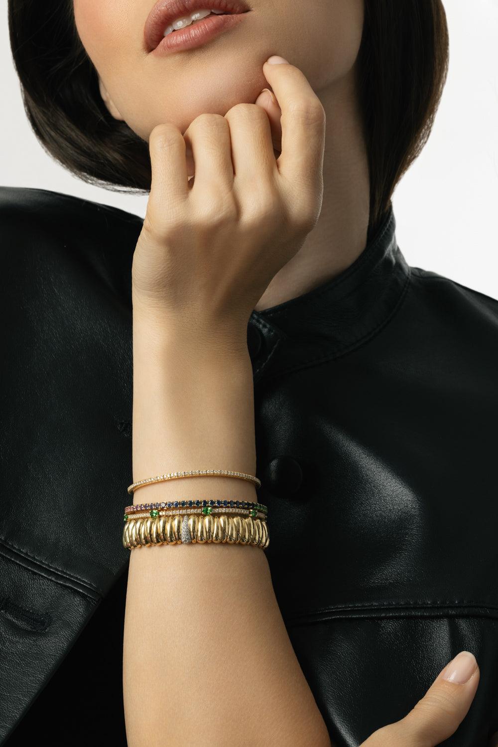 Rainbow Sapphire Extensible Stretch Tennis Bracelet-YELLOW GOLD-JEWELRYFINE JEWELBRACELET O-ROBERTO DEMEGLIO