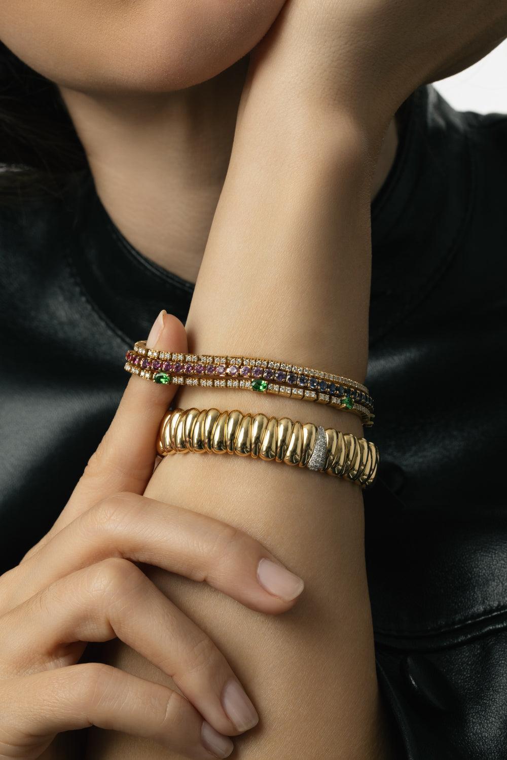 Rainbow Sapphire Extensible Stretch Tennis Bracelet-YELLOW GOLD-JEWELRYFINE JEWELBRACELET O-ROBERTO DEMEGLIO