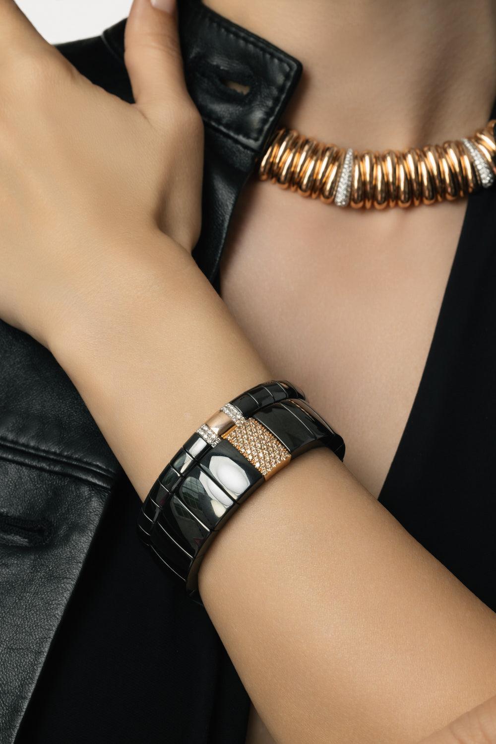 Four Diamond Section Large Black Pura Stretch Bracelet-ROSE GOLD-JEWELRYFINE JEWELBRACELET O-ROBERTO DEMEGLIO
