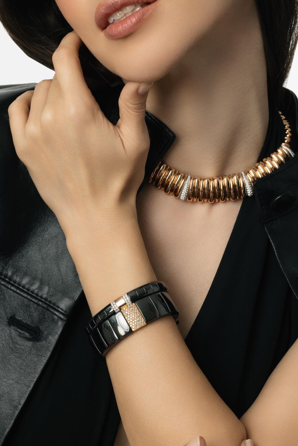 Four Diamond Section Large Black Pura Stretch Bracelet-ROSE GOLD-JEWELRYFINE JEWELBRACELET O-ROBERTO DEMEGLIO