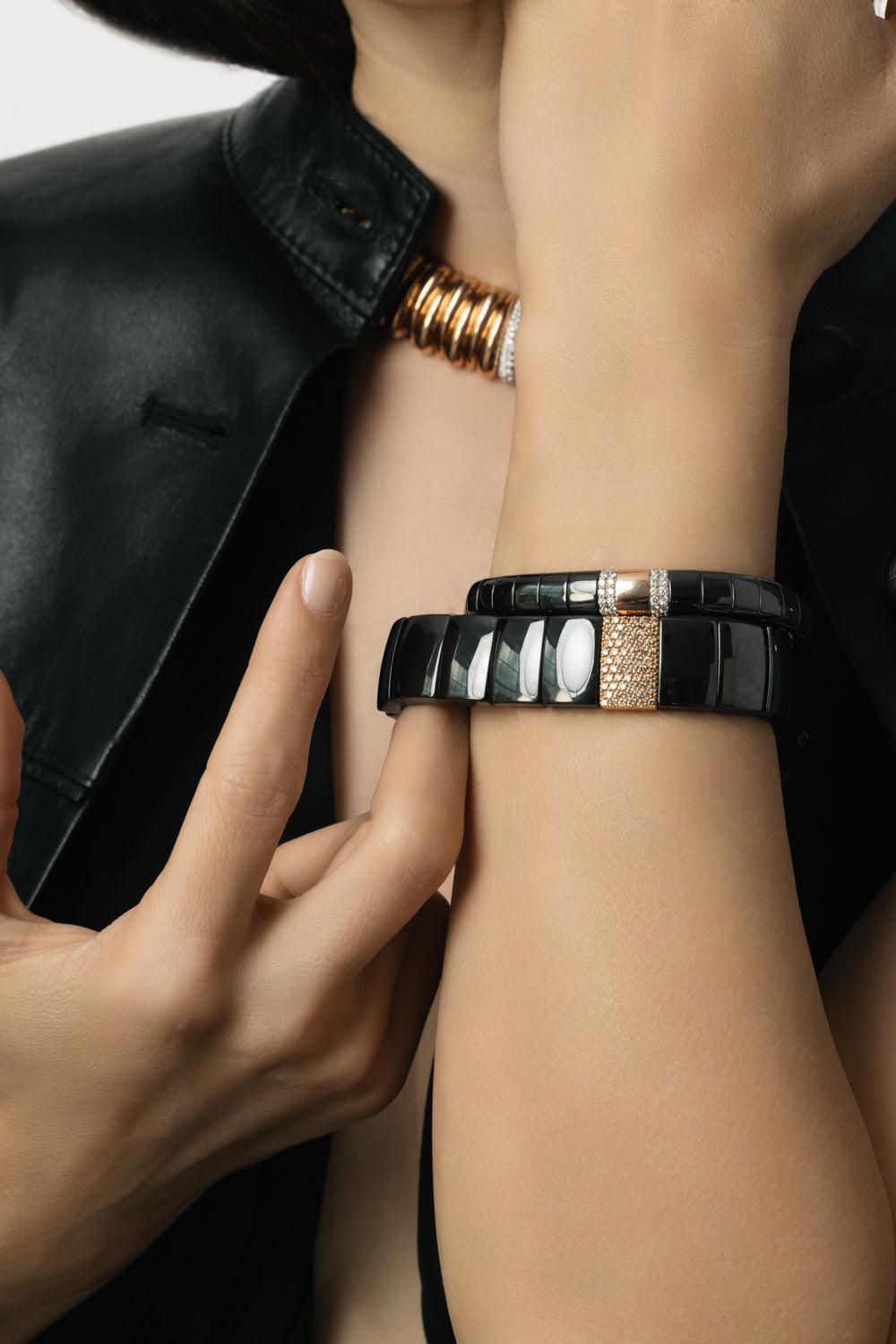 Four Diamond Section Large Black Pura Stretch Bracelet-ROSE GOLD-JEWELRYFINE JEWELBRACELET O-ROBERTO DEMEGLIO
