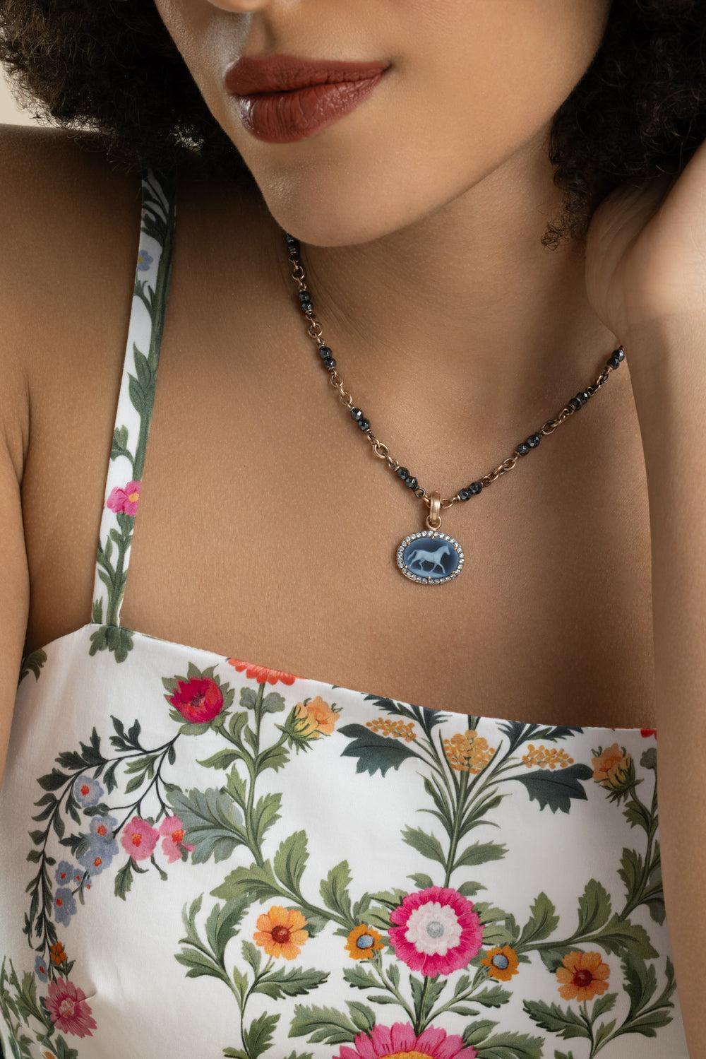 Onyx Horse Cameo Pendant-ROSE GOLD-JEWELRYFINE JEWELPENDANT-SYLVA & CIE
