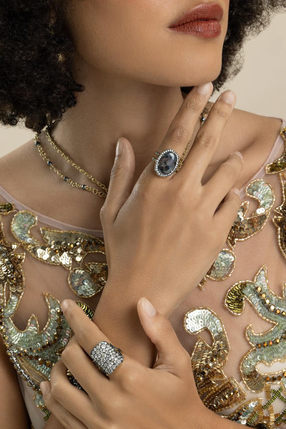 Diamond Oval Rustic Double Shank Ring-YELLOW GOLD-6.25-JEWELRYFINE JEWELRING-SYLVA & CIE