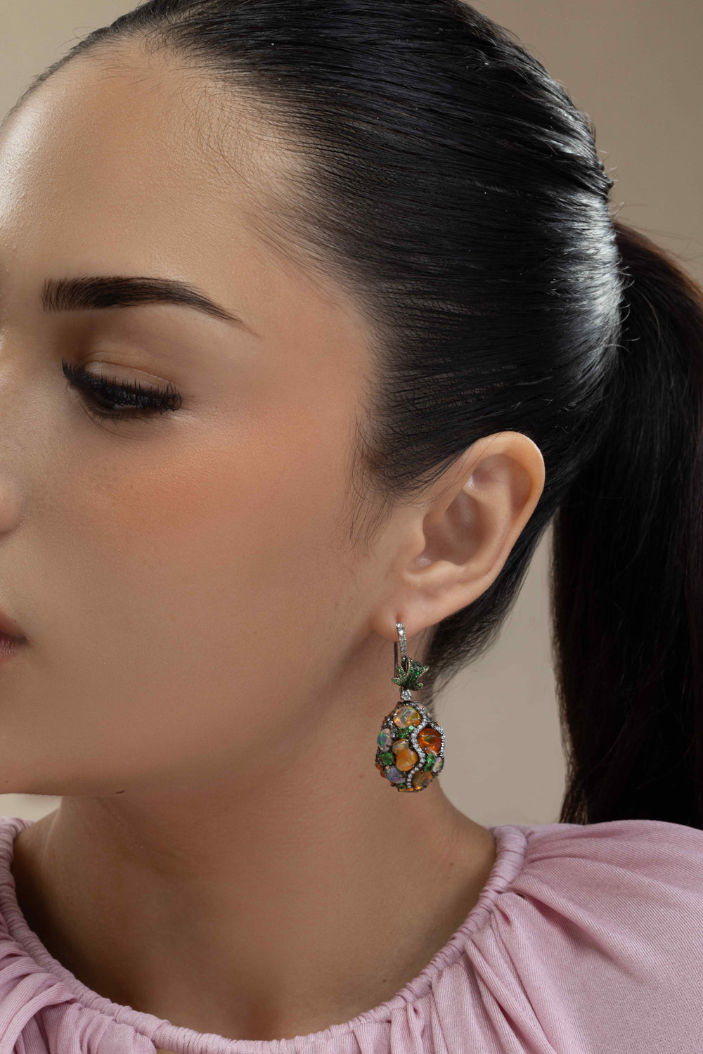 Fire Opal Tsavorite Diamond Egg Earrings