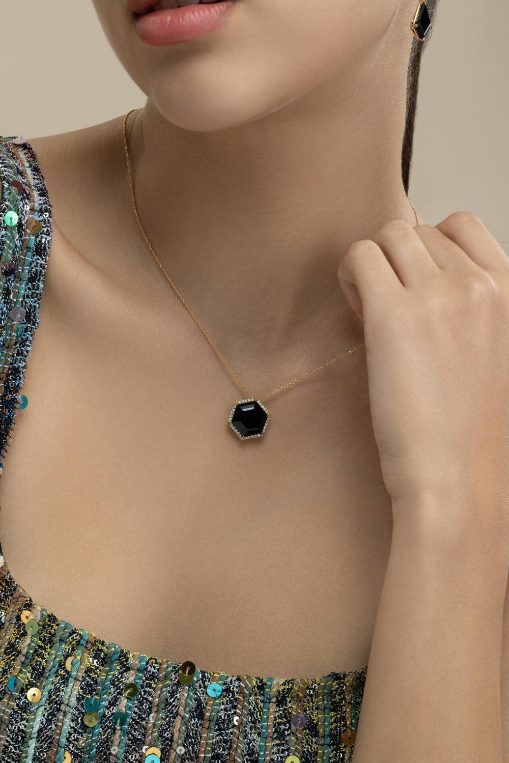 Diamond Black Onyx Hexagon Necklace-YELLOW GOLD-JEWELRYFINE JEWELNECKLACE O-LISA NIK