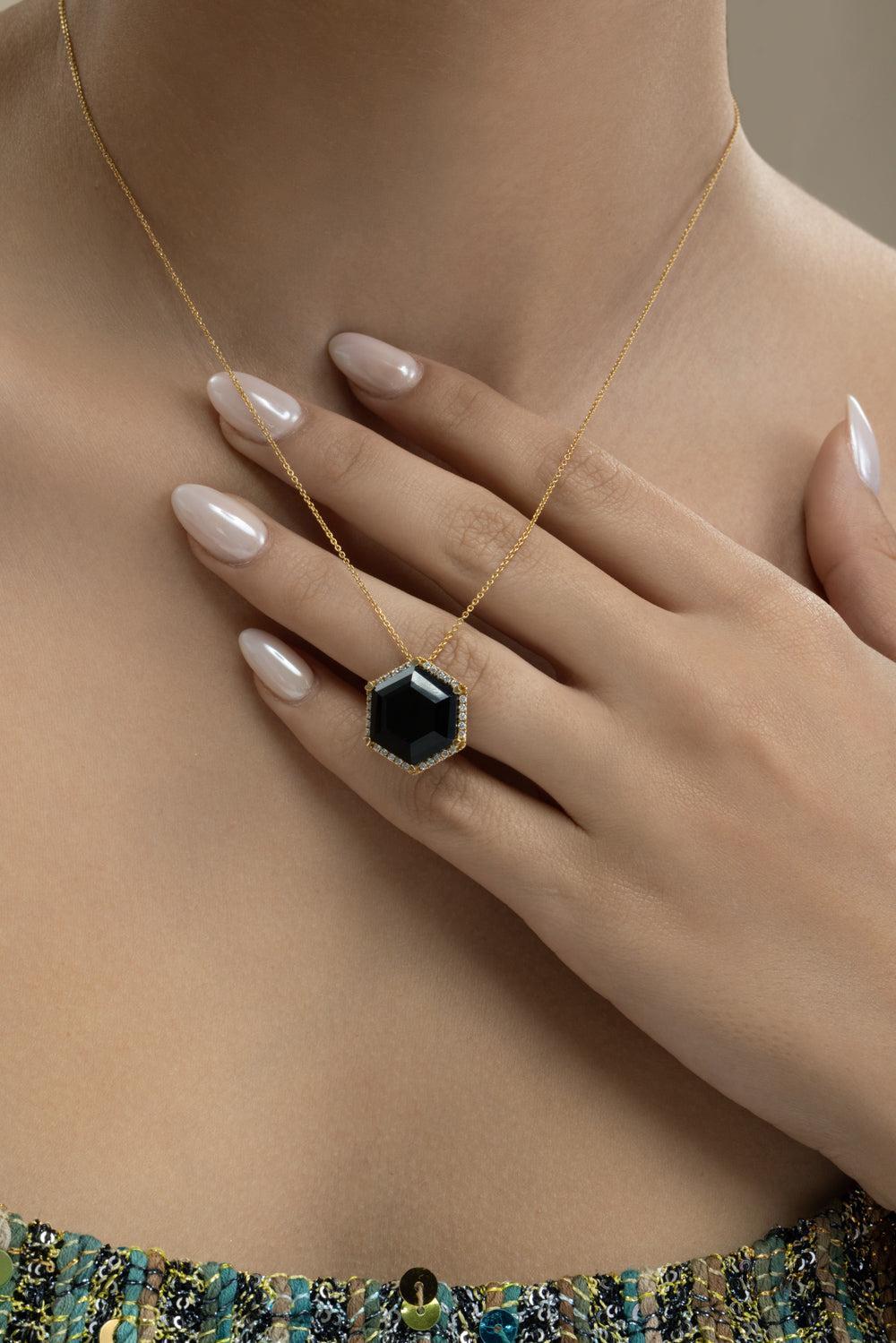 Diamond Black Onyx Hexagon Necklace-YELLOW GOLD-JEWELRYFINE JEWELNECKLACE O-LISA NIK