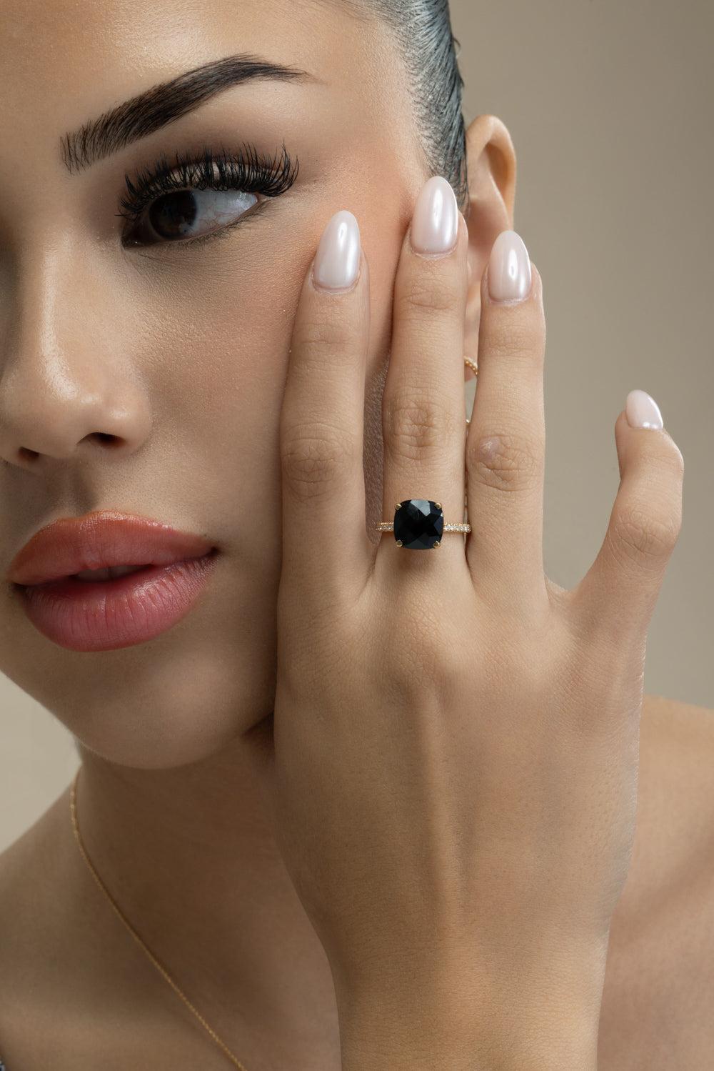 Diamond Black Onyx Cushion Ring-YELLOW GOLD-5.75-JEWELRYFINE JEWELRING-LISA NIK
