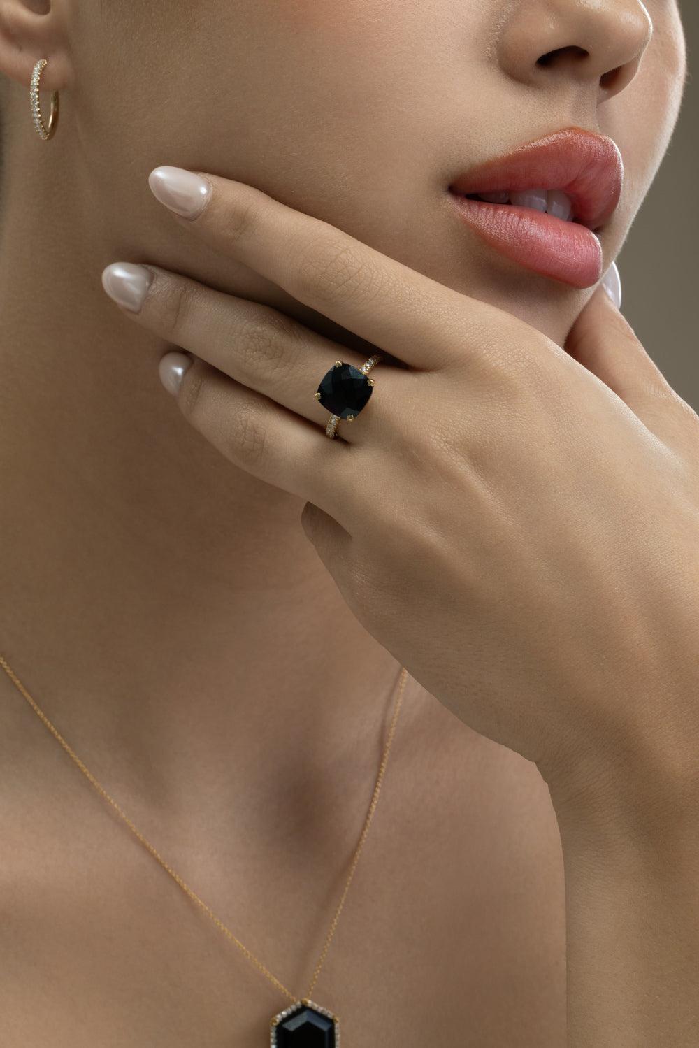 Diamond Black Onyx Cushion Ring-YELLOW GOLD-5.75-JEWELRYFINE JEWELRING-LISA NIK
