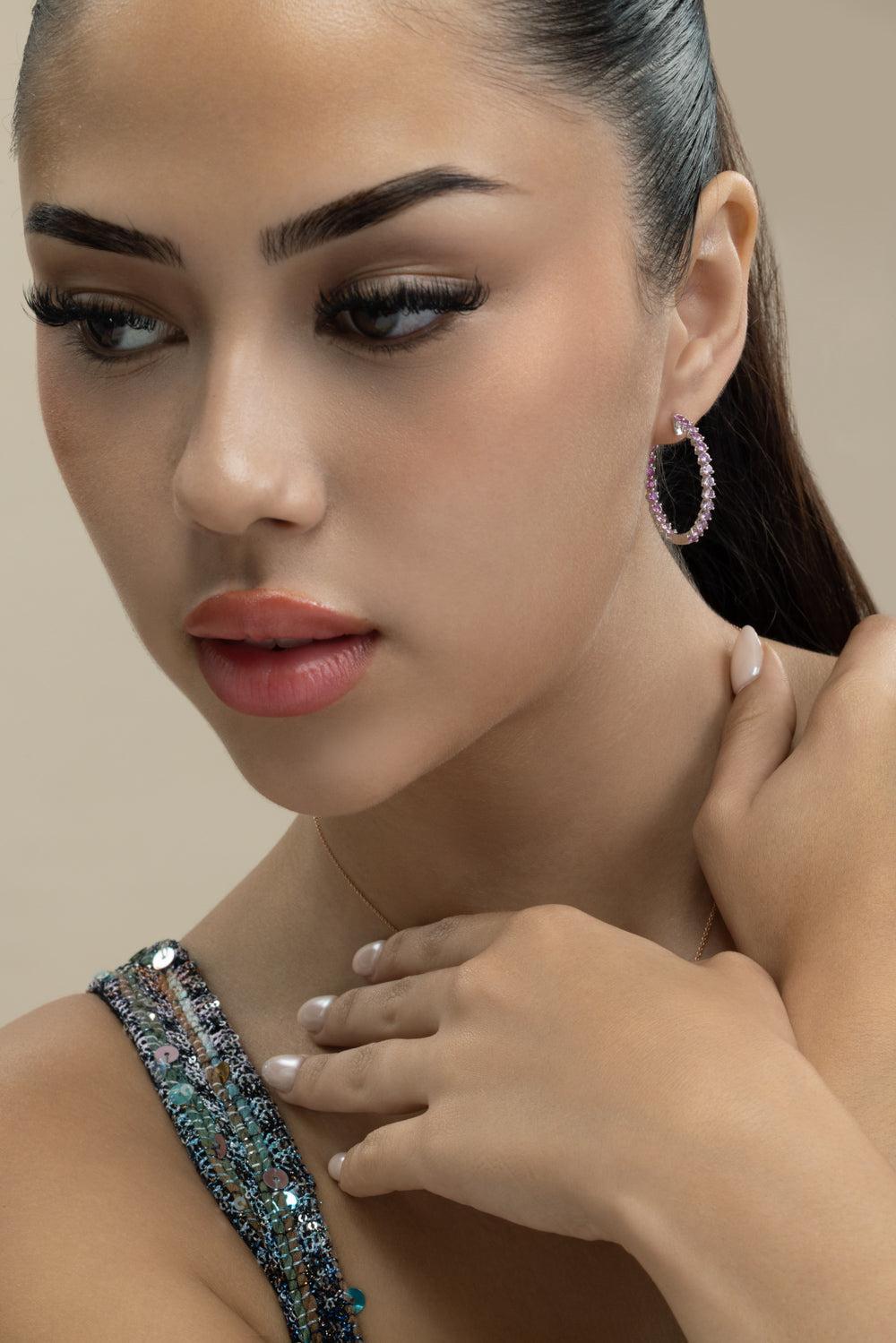 Pink Sapphire Graduated Hoop Earrings-WHITE GOLD-JEWELRYFINE JEWELEARRING-LISA NIK
