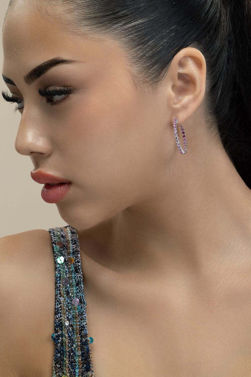 Pink Sapphire Graduated Hoop Earrings-WHITE GOLD-JEWELRYFINE JEWELEARRING-LISA NIK